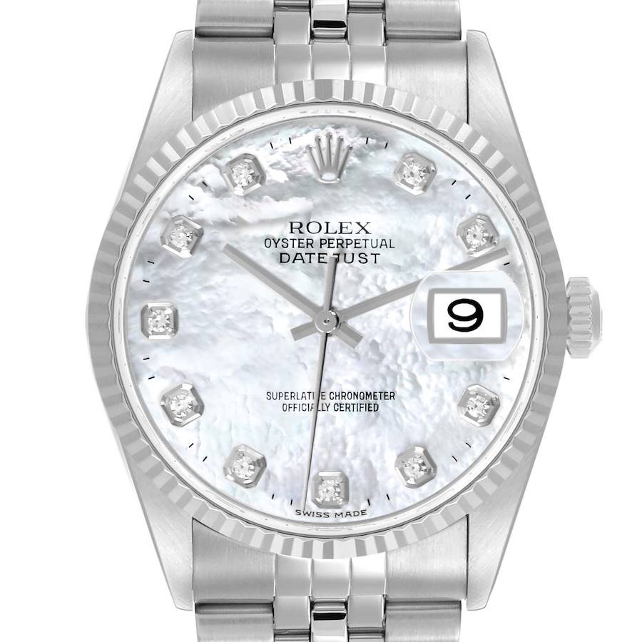 Rolex Datejust Steel White Gold Mother of Pearl Diamond Dial Mens Watch 16234 SwissWatchExpo