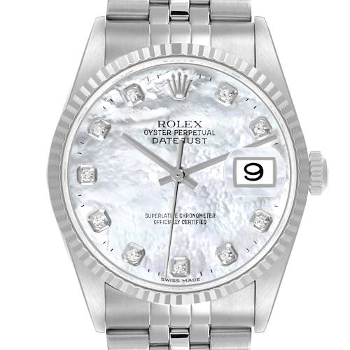 Photo of Rolex Datejust Steel White Gold Mother of Pearl Diamond Dial Mens Watch 16234