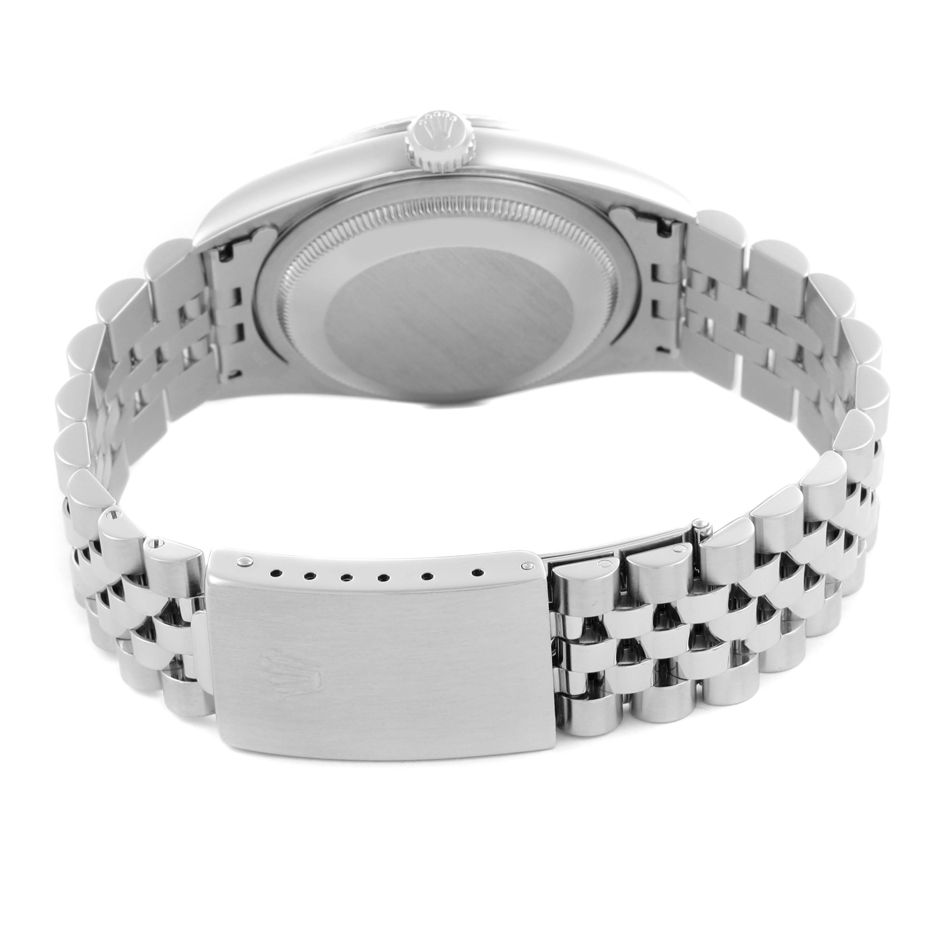 The image shows the back case and bracelet clasp of a Rolex Datejust 16234G Men
s Stainless Steel Mother of Pearl Dial 16234G Men
s Stainless Steel Mother of Pearl Dial, viewed from the rear angle.