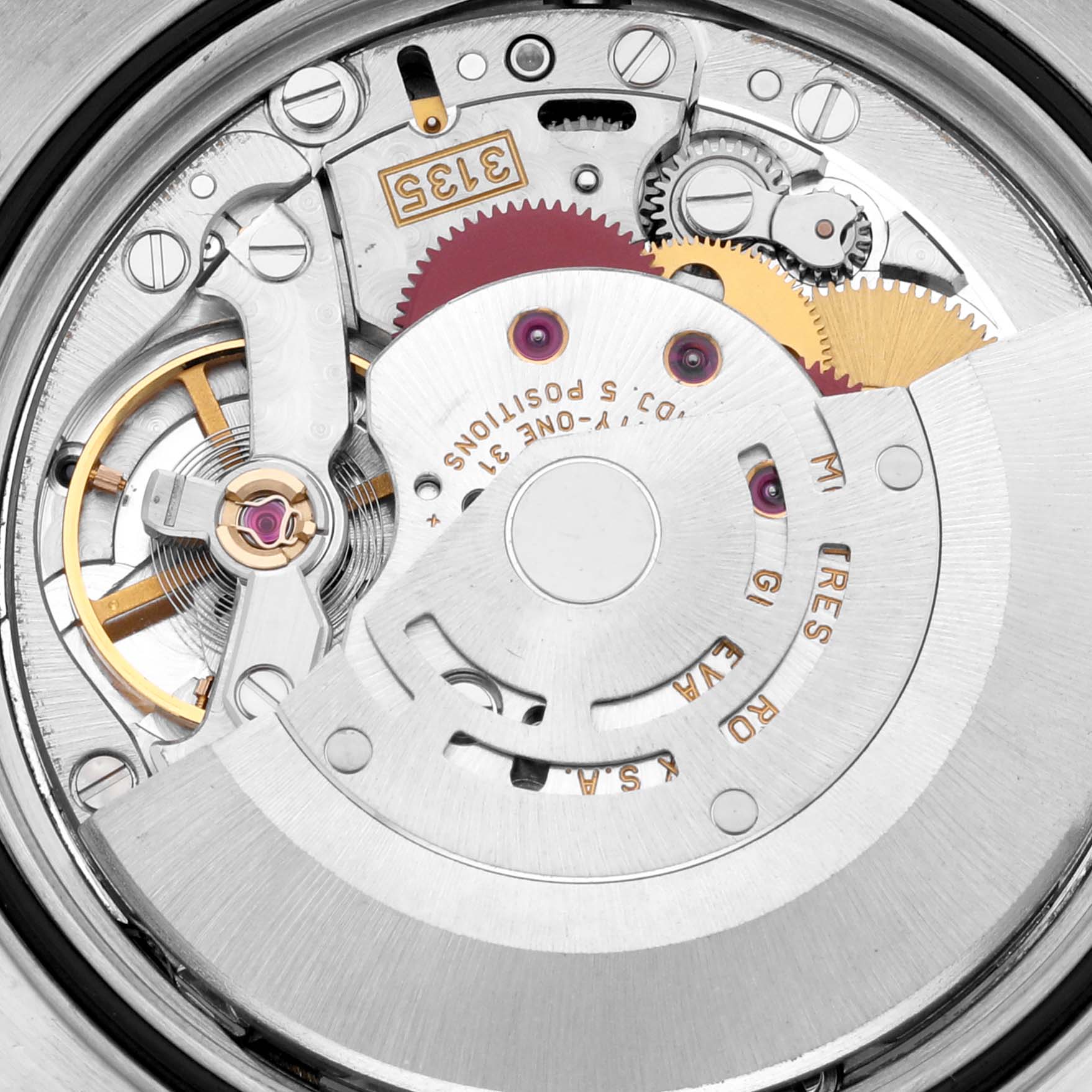 The image shows the movement mechanism of a Rolex Datejust 16234G Men
s Stainless Steel Mother of Pearl Dial 16234G Men
s Stainless Steel Mother of Pearl Dial watch viewed from the back.