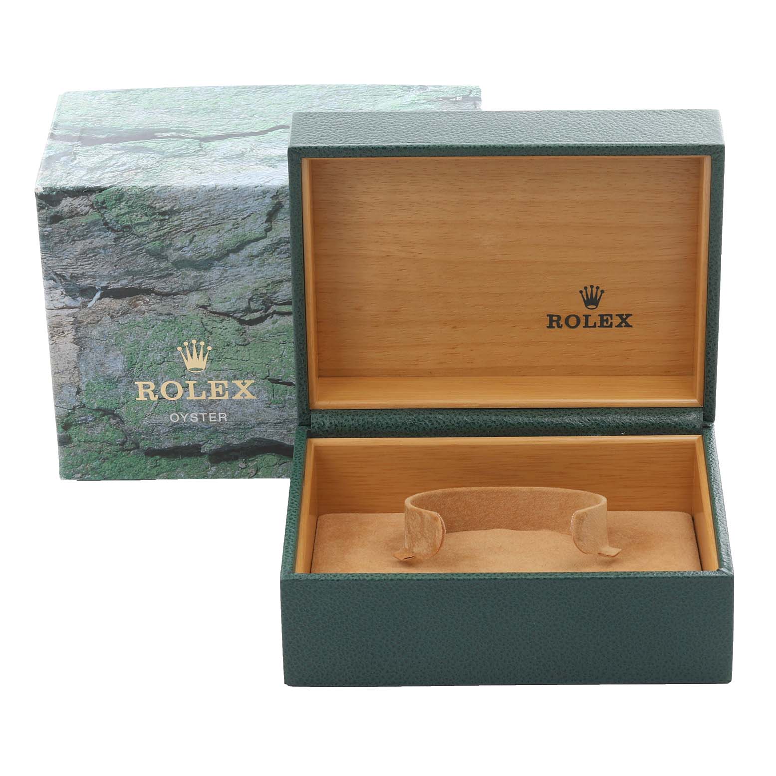 The image shows a Rolex Datejust 16234G Men
s Stainless Steel Mother of Pearl Dial 16234G Men
s Stainless Steel Mother of Pearl Dial watch box, open, with the watch cushion inside.