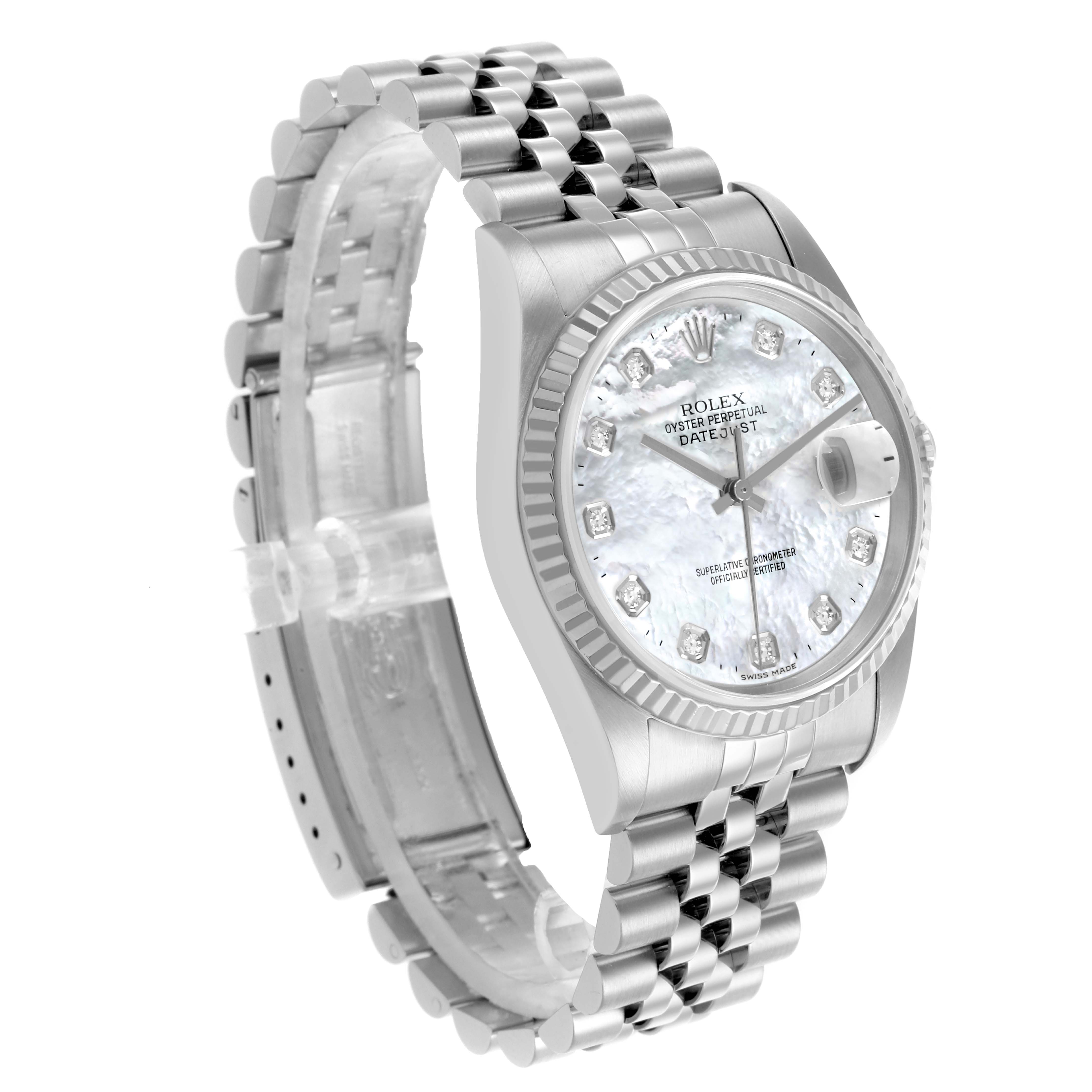 The Rolex Datejust 16234G Men
s Stainless Steel Mother of Pearl Dial 16234G Men
s Stainless Steel Mother of Pearl Dial watch is shown from a 3/4 angle, displaying the face, bezel, and bracelet.