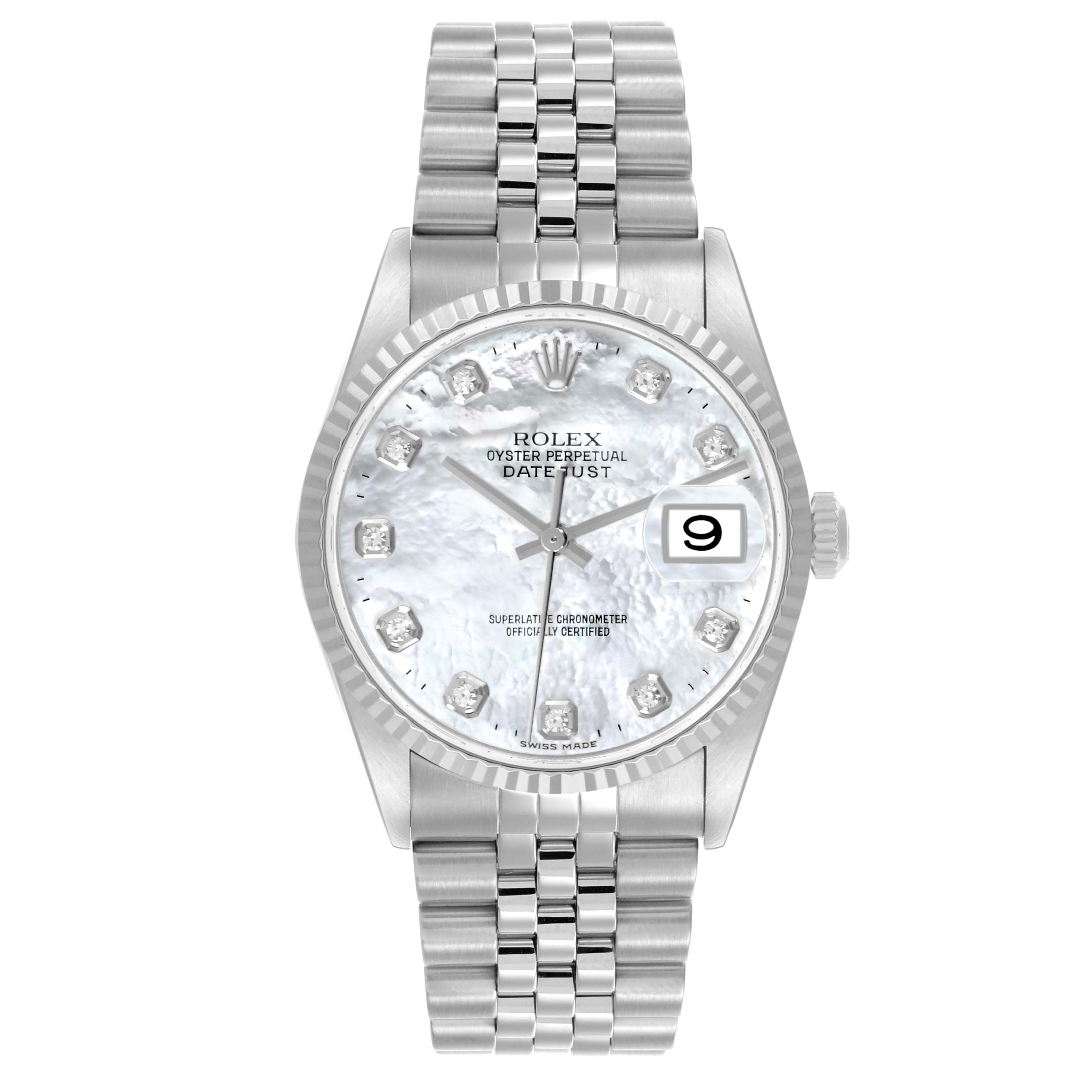 The Rolex Datejust 16234G Men
s Stainless Steel Mother of Pearl Dial 16234G Men
s Stainless Steel Mother of Pearl Dial watch is shown from a frontal angle, displaying its dial, bezel, crown, and bracelet.