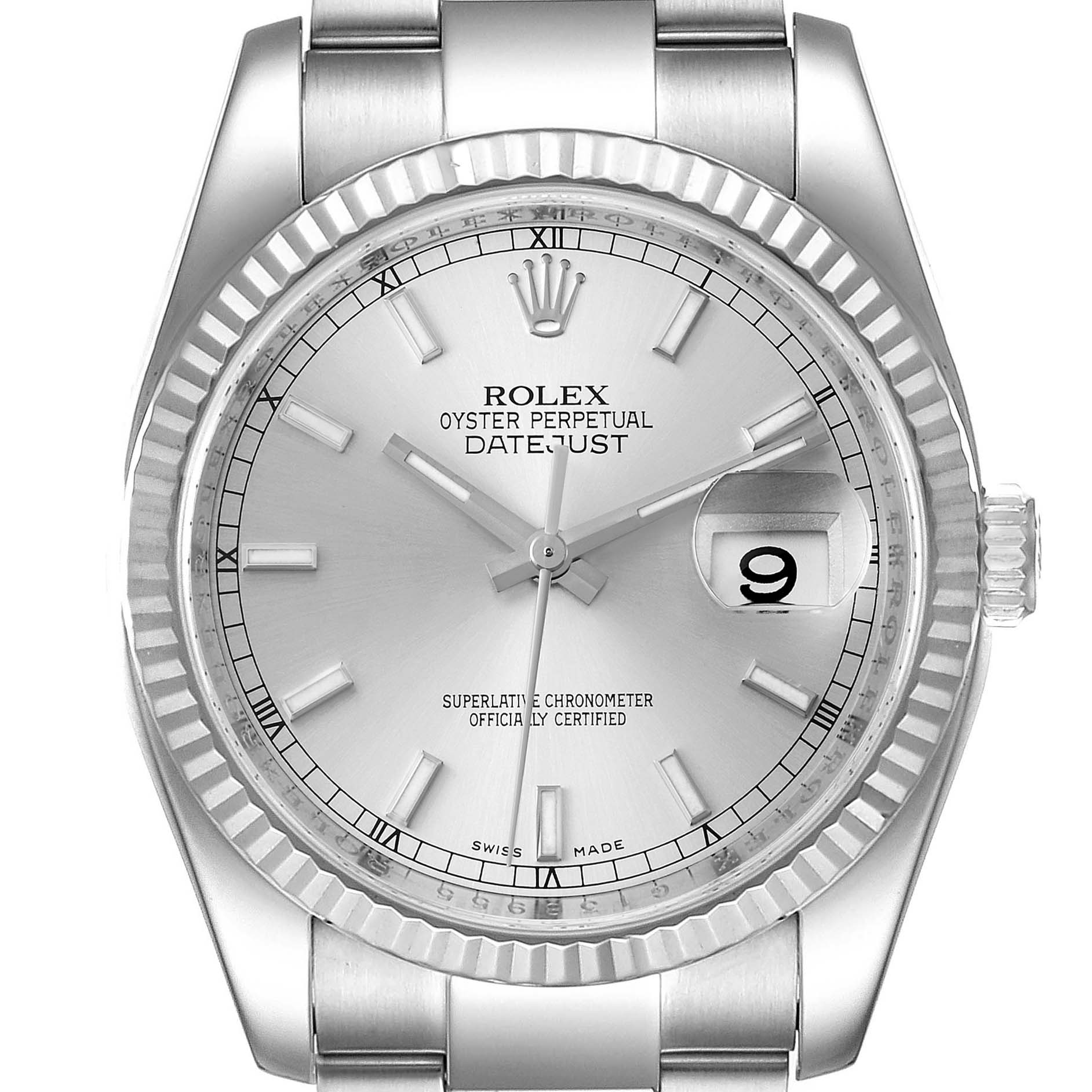 The image shows a front-facing view of a Rolex Datejust 116234 Men's Stainless Steel Silver Dial 116234 Men's Stainless Steel Silver Dial watch, highlighting its dial, bezel, and bracelet.