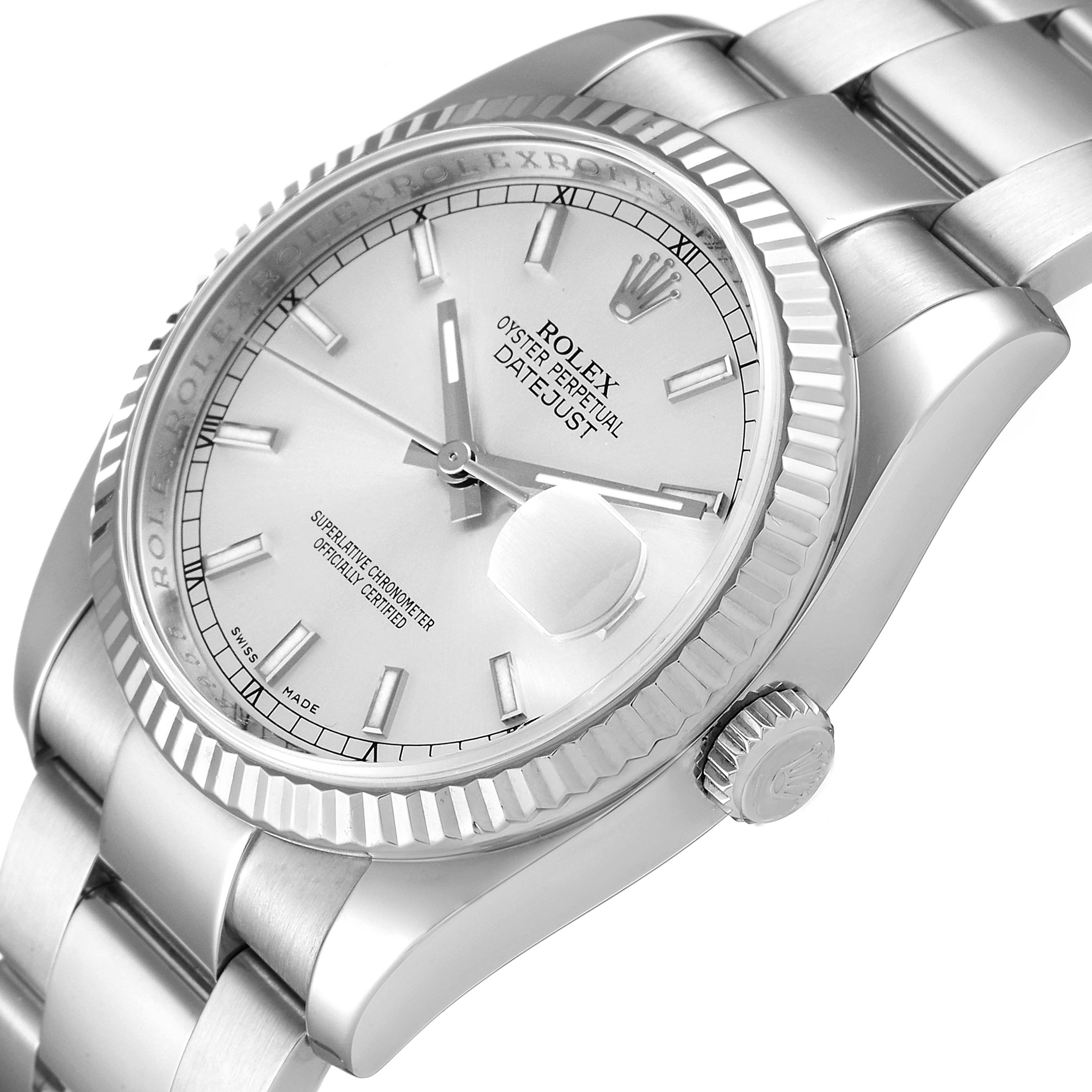 This image shows a close-up angled view of a Rolex Datejust 116234 Men's Stainless Steel Silver Dial 116234 Men's Stainless Steel Silver Dial watch, focusing on the dial, crystal, and part of the bracelet and crown.