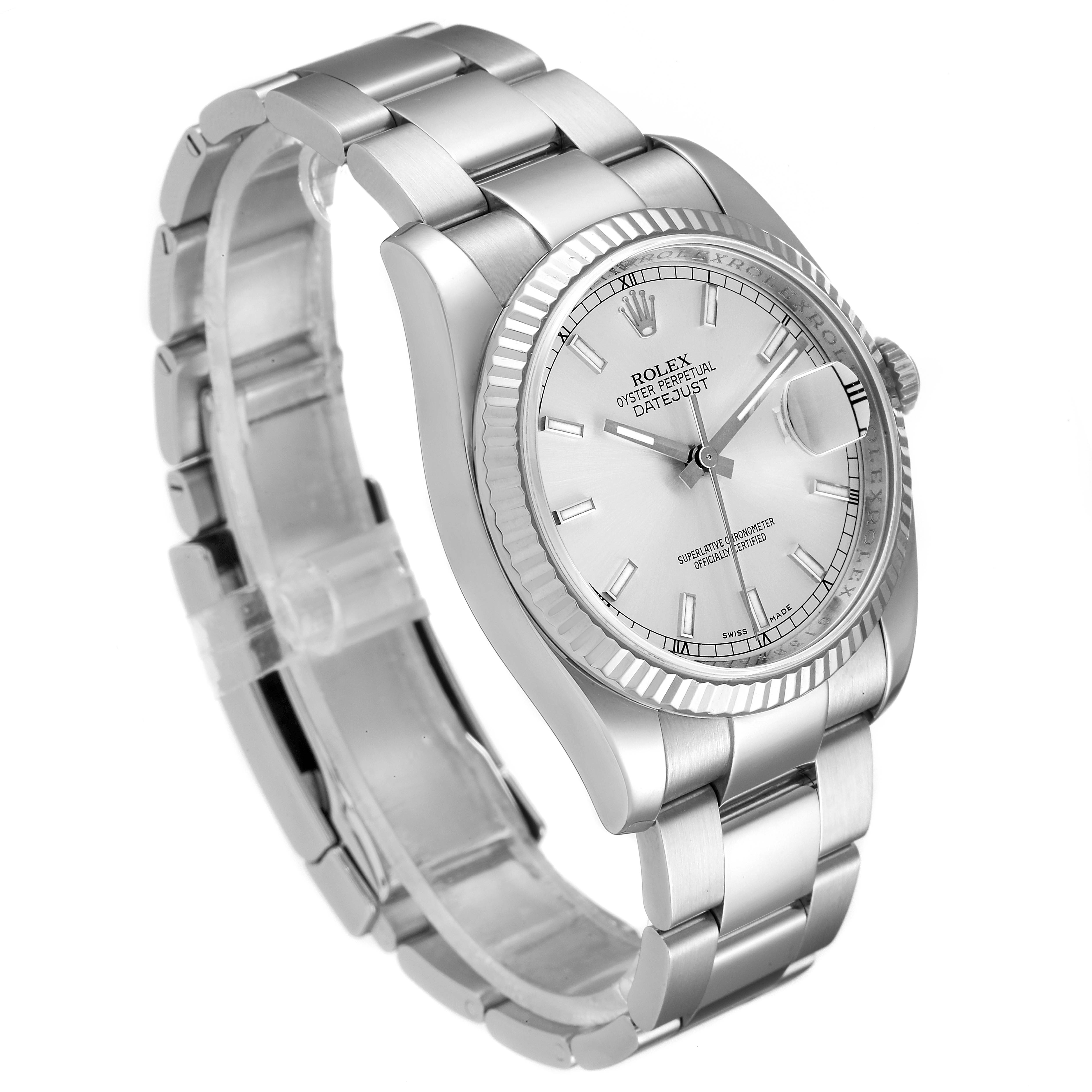 This image shows a Rolex Datejust 116234 Men's Stainless Steel Silver Dial 116234 Men's Stainless Steel Silver Dial watch, displaying the face, bezel, and bracelet from a three-quarter angle.