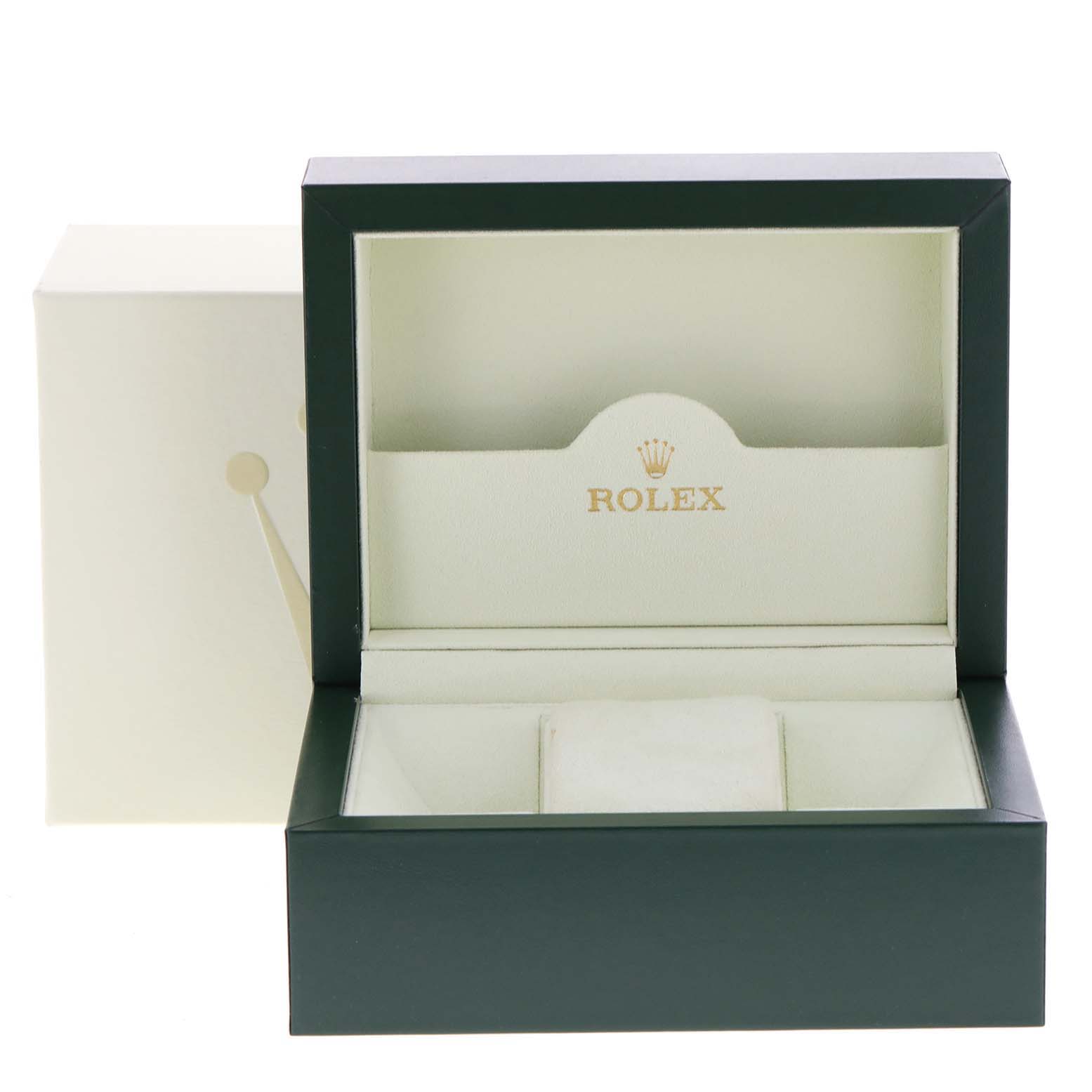 This image shows an open Rolex Datejust 116234 Men's Stainless Steel Silver Dial 116234 Men's Stainless Steel Silver Dial watch box and its accessories from a front angle.