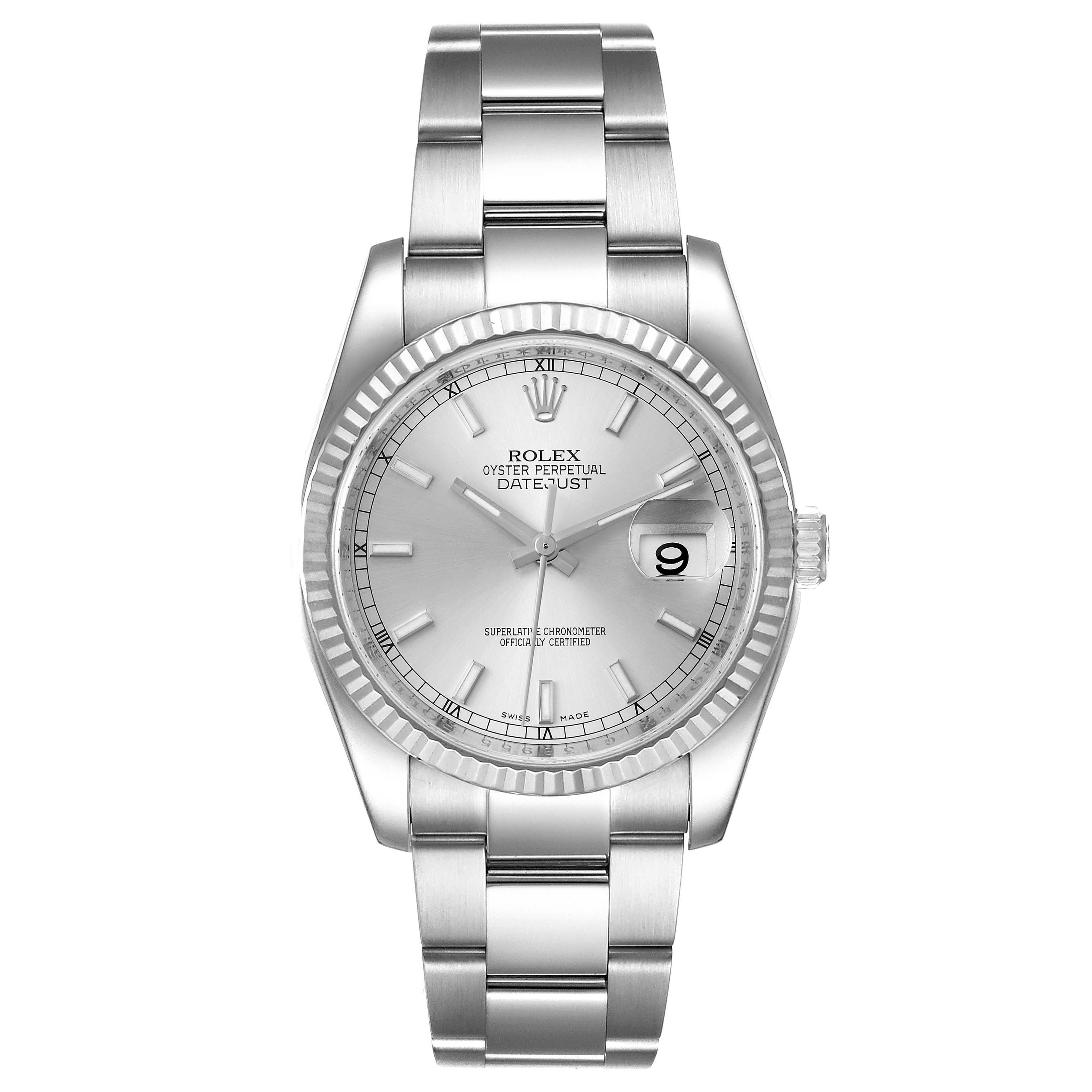 The image shows a front view of a Rolex Datejust 116234 Men's Stainless Steel Silver Dial 116234 Men's Stainless Steel Silver Dial watch, highlighting its dial, bracelet, and date window.