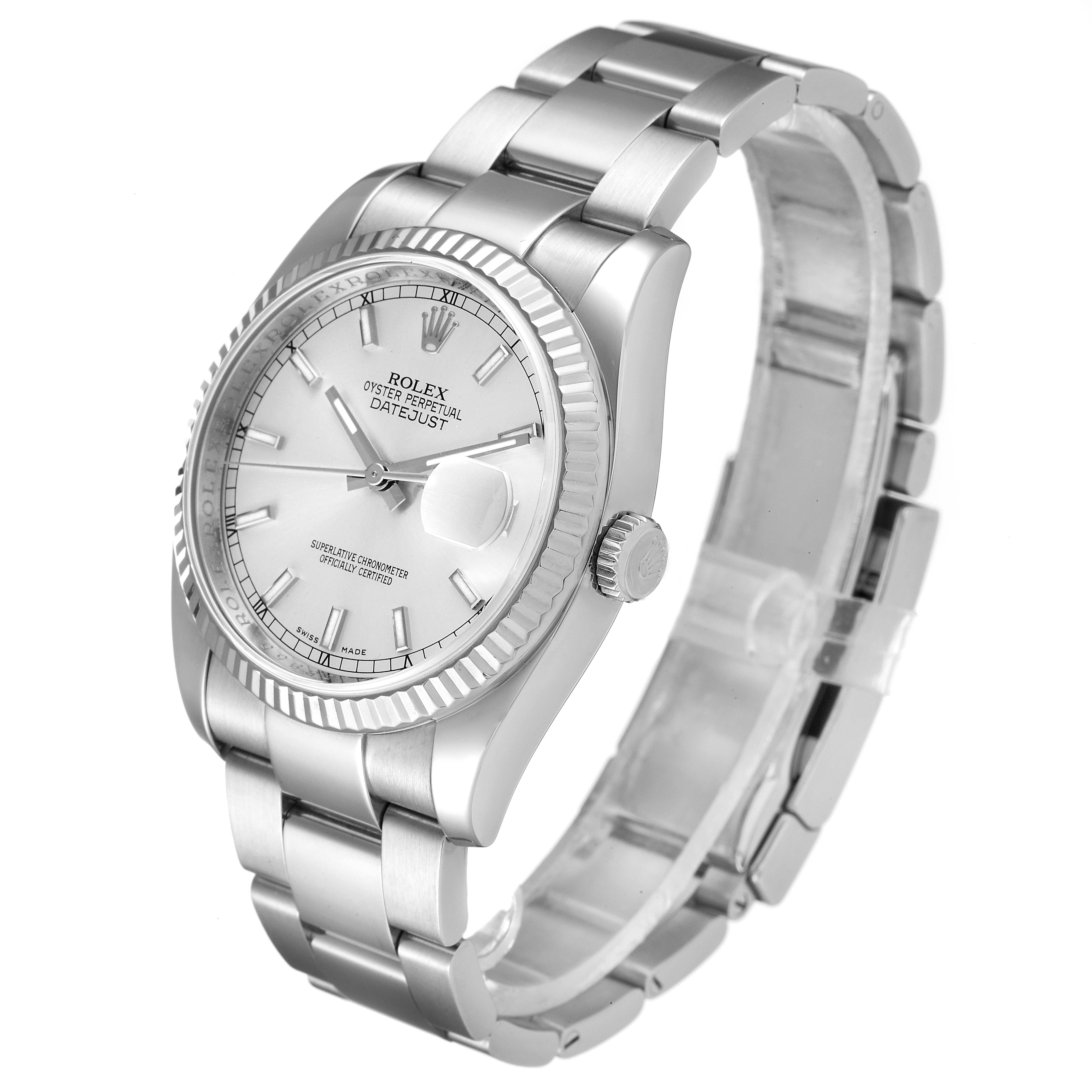 The image shows a silver Rolex Datejust 116234 Men's Stainless Steel Silver Dial 116234 Men's Stainless Steel Silver Dial watch at a three-quarter angle, highlighting the dial, bezel, crown, and bracelet.