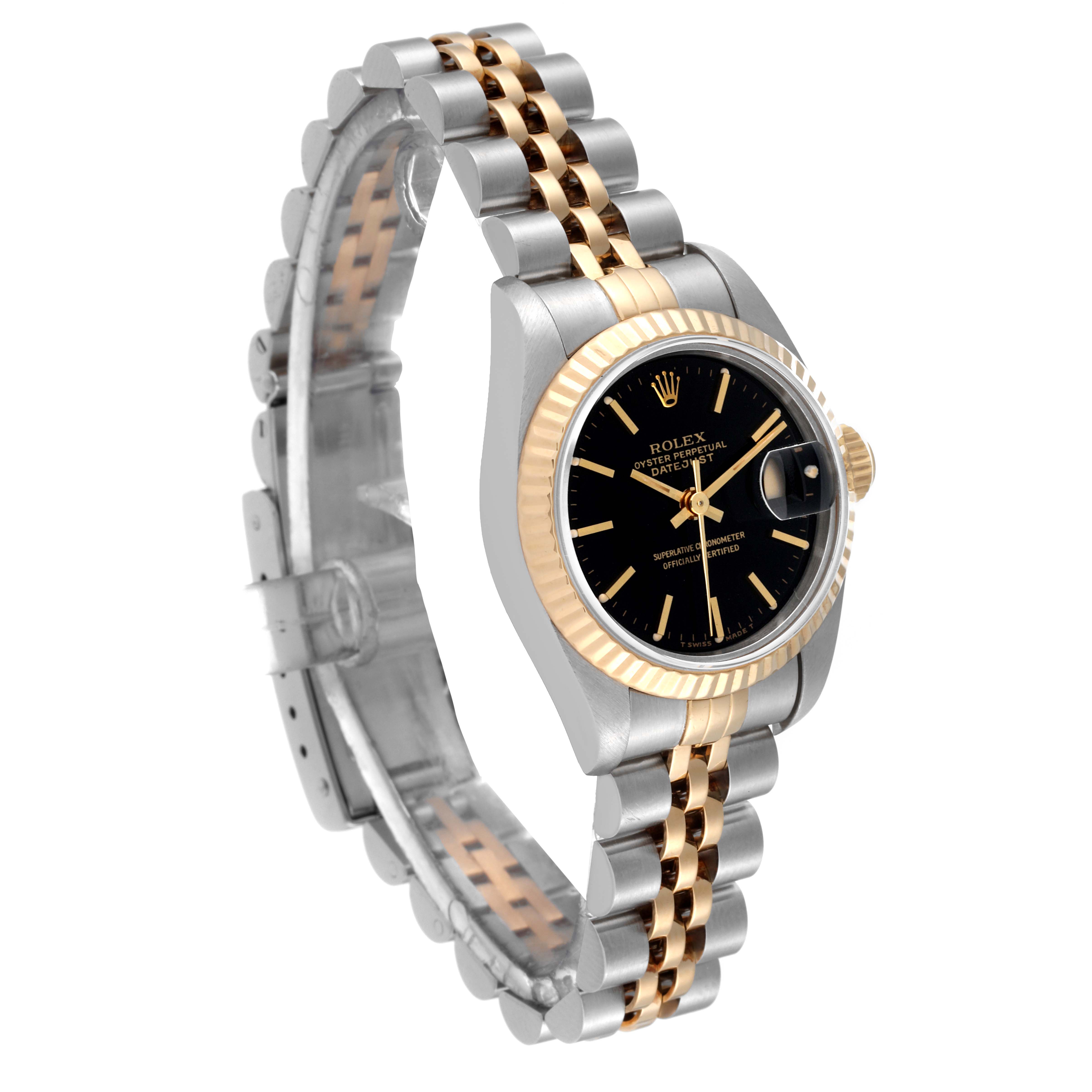 This image shows a Rolex Datejust 69173 Women's Steel and Gold (two tone) Black Dial 69173 Women's Steel and Gold (two tone) Black Dial watch at a slight angle, displaying its face, bezel, and two-tone metal bracelet.