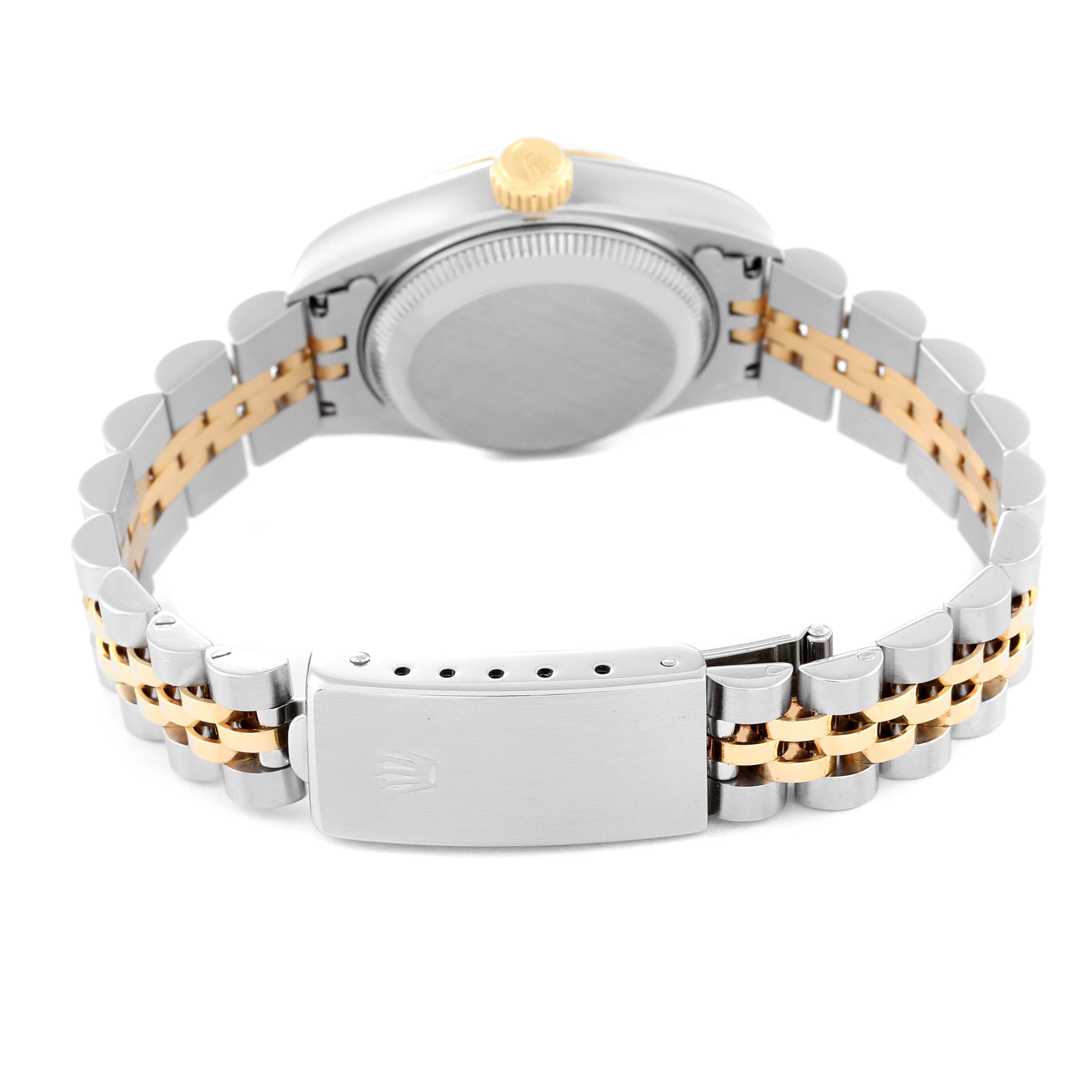This image shows the back of a Rolex Datejust 69173 Women's Steel and Gold (two tone) Black Dial 69173 Women's Steel and Gold (two tone) Black Dial watch and its bi-color bracelet clasp.