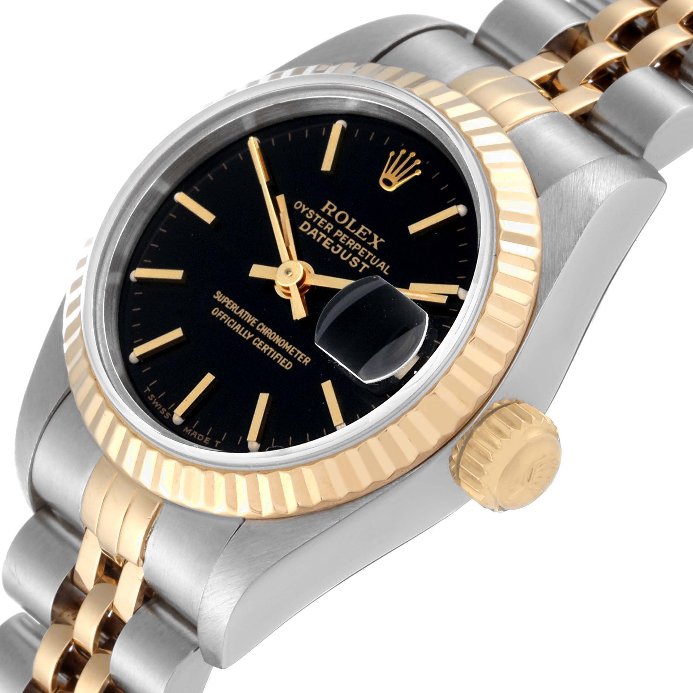 The Rolex Datejust 69173 Women's Steel and Gold (two tone) Black Dial 69173 Women's Steel and Gold (two tone) Black Dial watch is shown at an angled close-up, highlighting the dial, bezel, crown, and part of the bracelet.