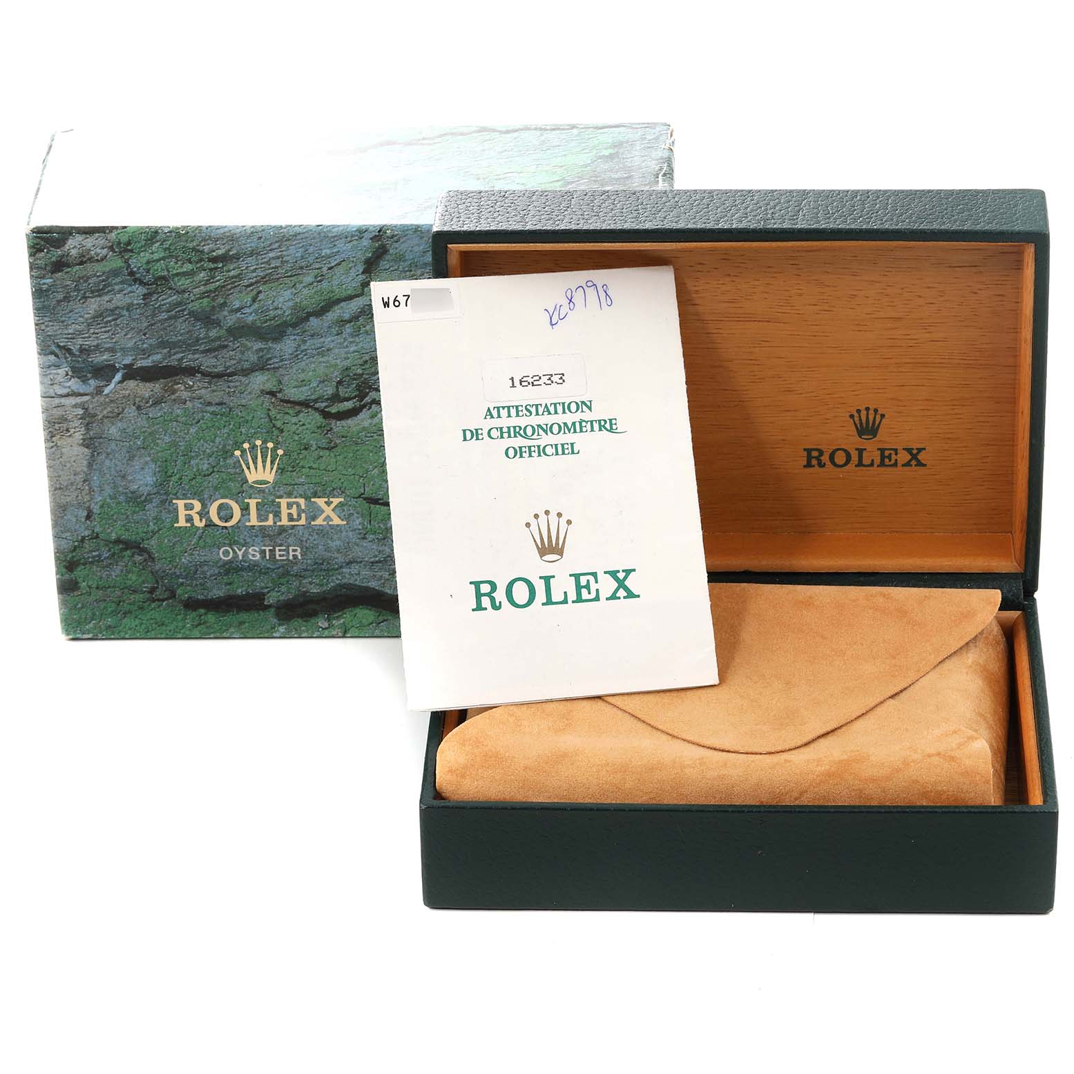 The image shows the packaging and certificate for a Rolex Datejust 16233 Men's Steel and Gold (two tone) Black Dial 16233 Men's Steel and Gold (two tone) Black Dial watch, including the box and a suede pouch.