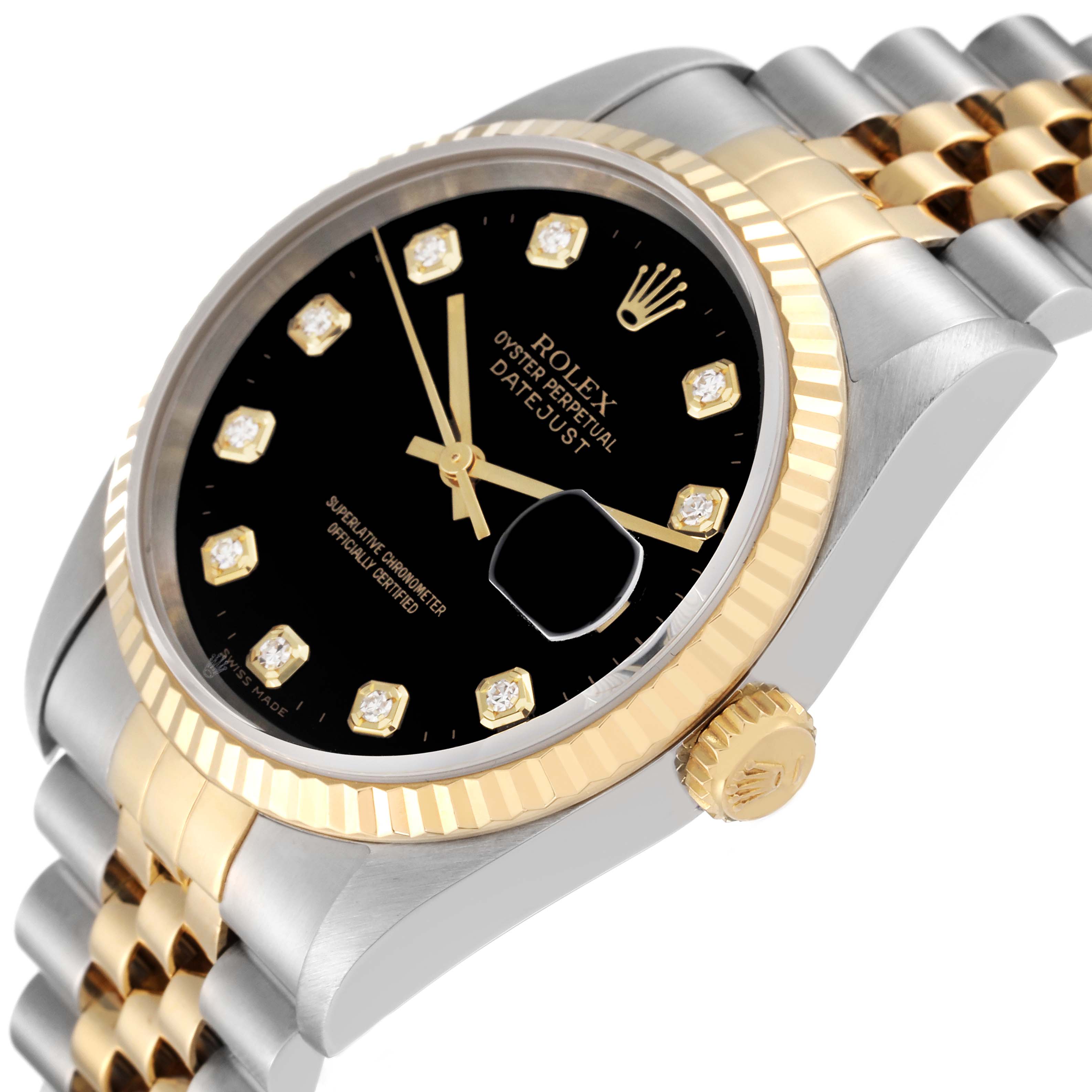 The image shows a Rolex Datejust 16233 Men's Steel and Gold (two tone) Black Dial 16233 Men's Steel and Gold (two tone) Black Dial watch at an angled side view, highlighting its Jubilee bracelet, black dial, and fluted bezel.