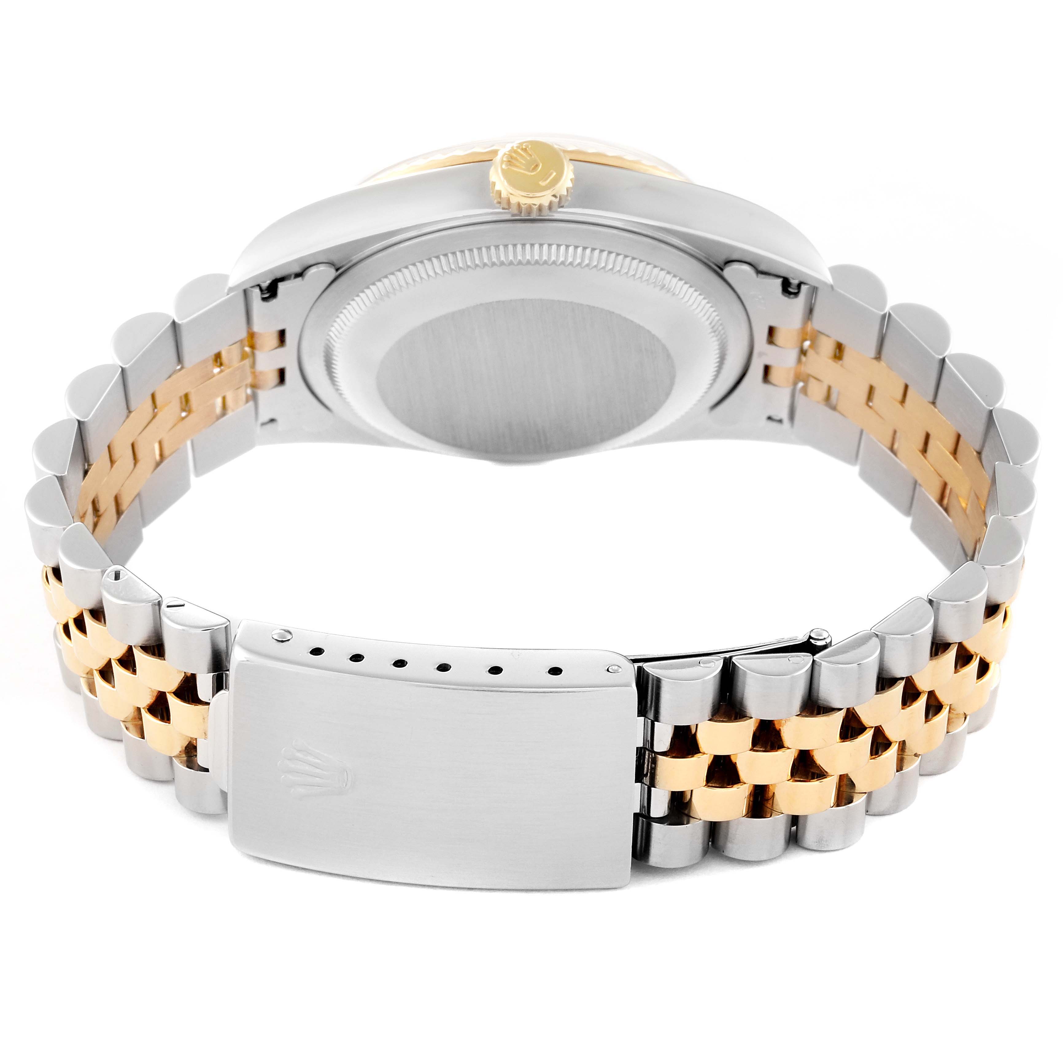 This image shows the backside and clasp of a Rolex Datejust 16233 Men's Steel and Gold (two tone) Black Dial 16233 Men's Steel and Gold (two tone) Black Dial watch bracelet, providing a view of its two-tone Jubilee band.
