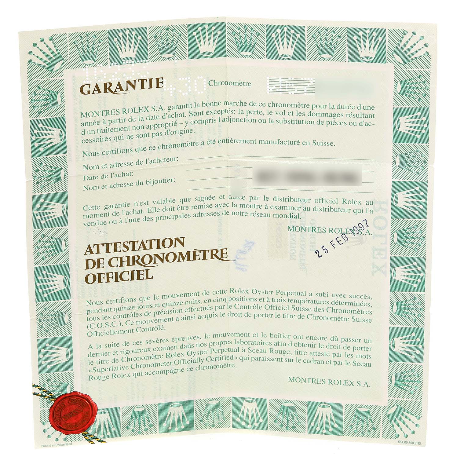 The image shows a warranty certificate document for a Rolex Datejust 16233 Men's Steel and Gold (two tone) Black Dial 16233 Men's Steel and Gold (two tone) Black Dial watch.