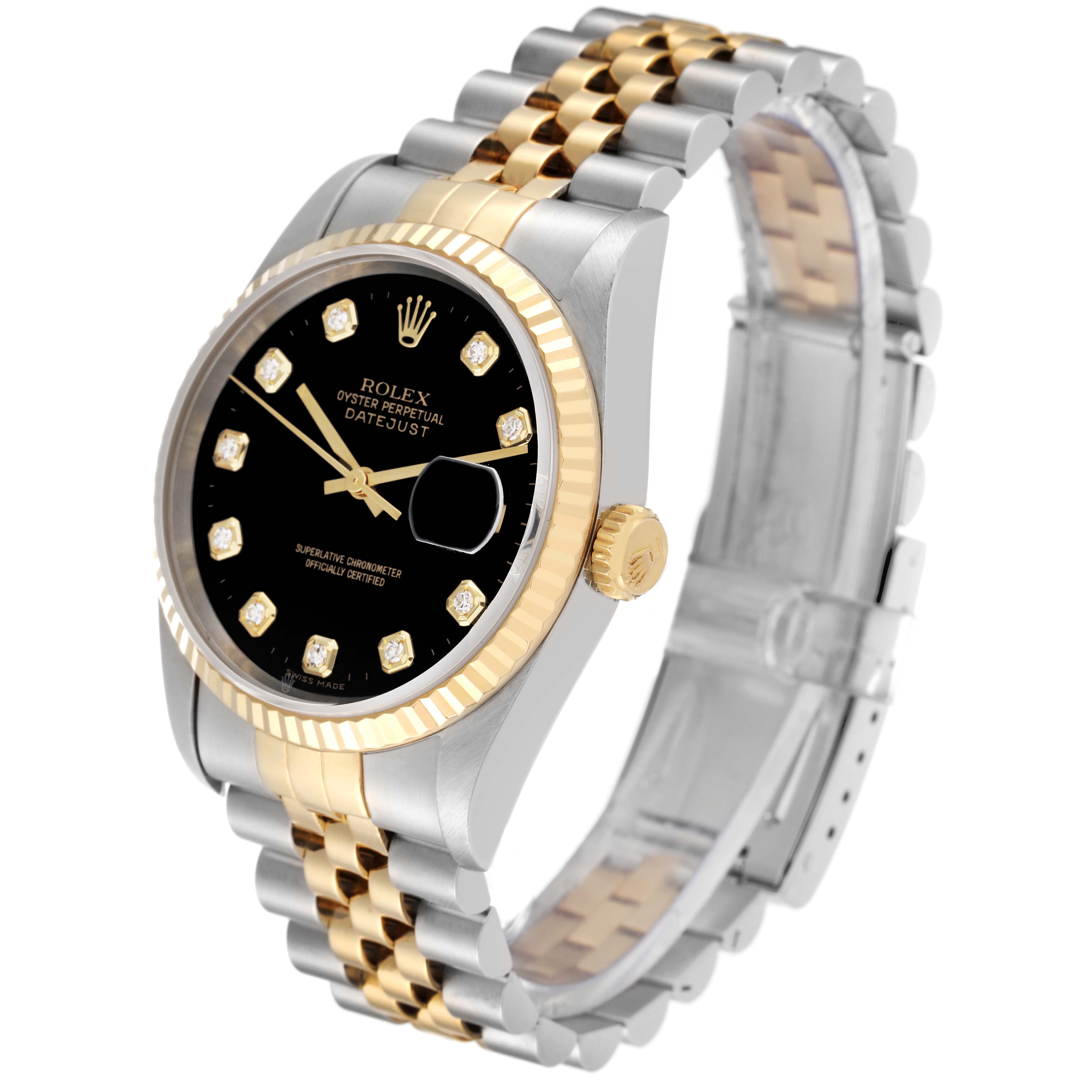 This Rolex Datejust 16233 Men's Steel and Gold (two tone) Black Dial 16233 Men's Steel and Gold (two tone) Black Dial watch is shown at a three-quarter angle, displaying its black dial, diamond markers, two-tone bezel, and bracelet.