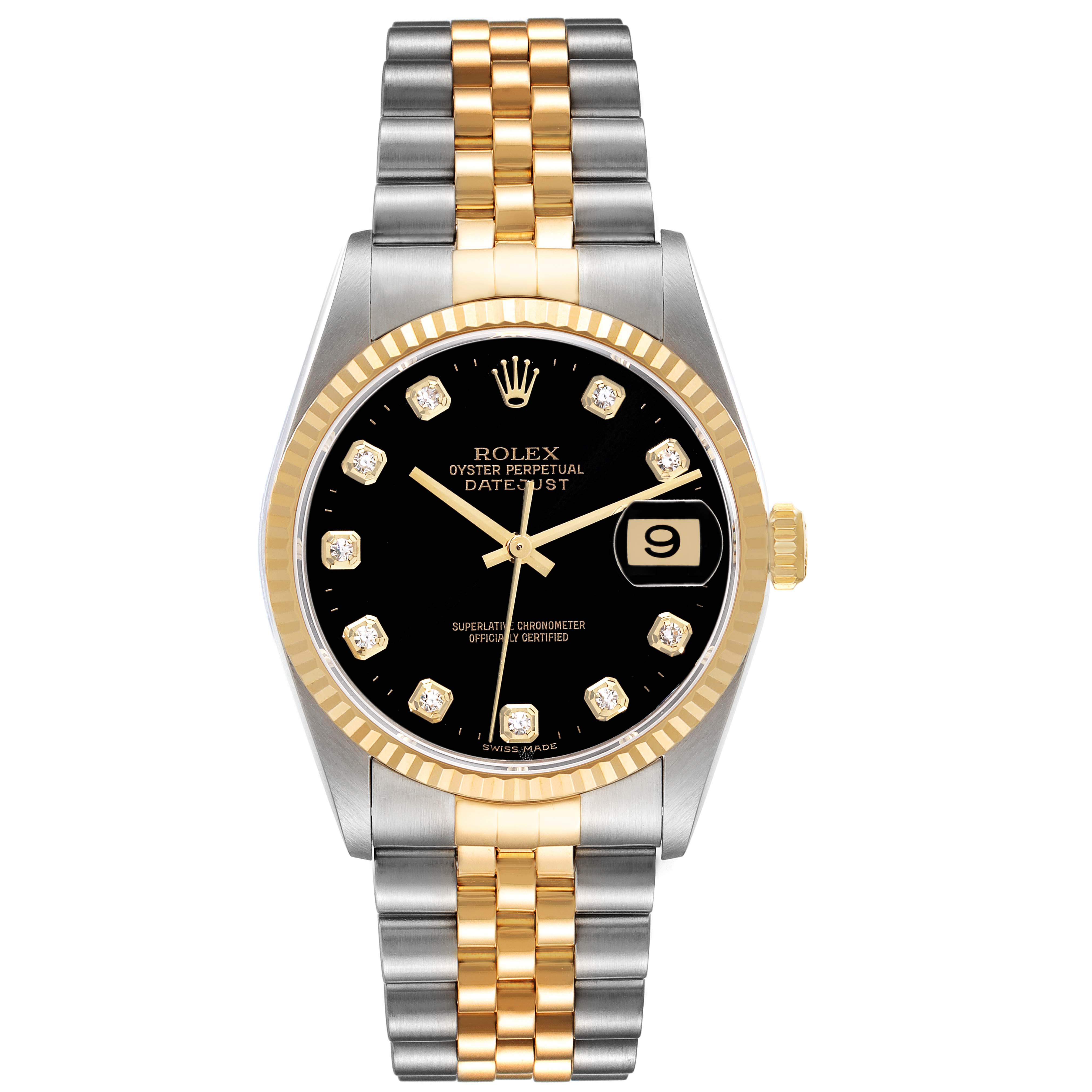 This image shows a front view of the Rolex Datejust 16233 Men's Steel and Gold (two tone) Black Dial 16233 Men's Steel and Gold (two tone) Black Dial watch, featuring a two-tone band and black dial with diamond markers.