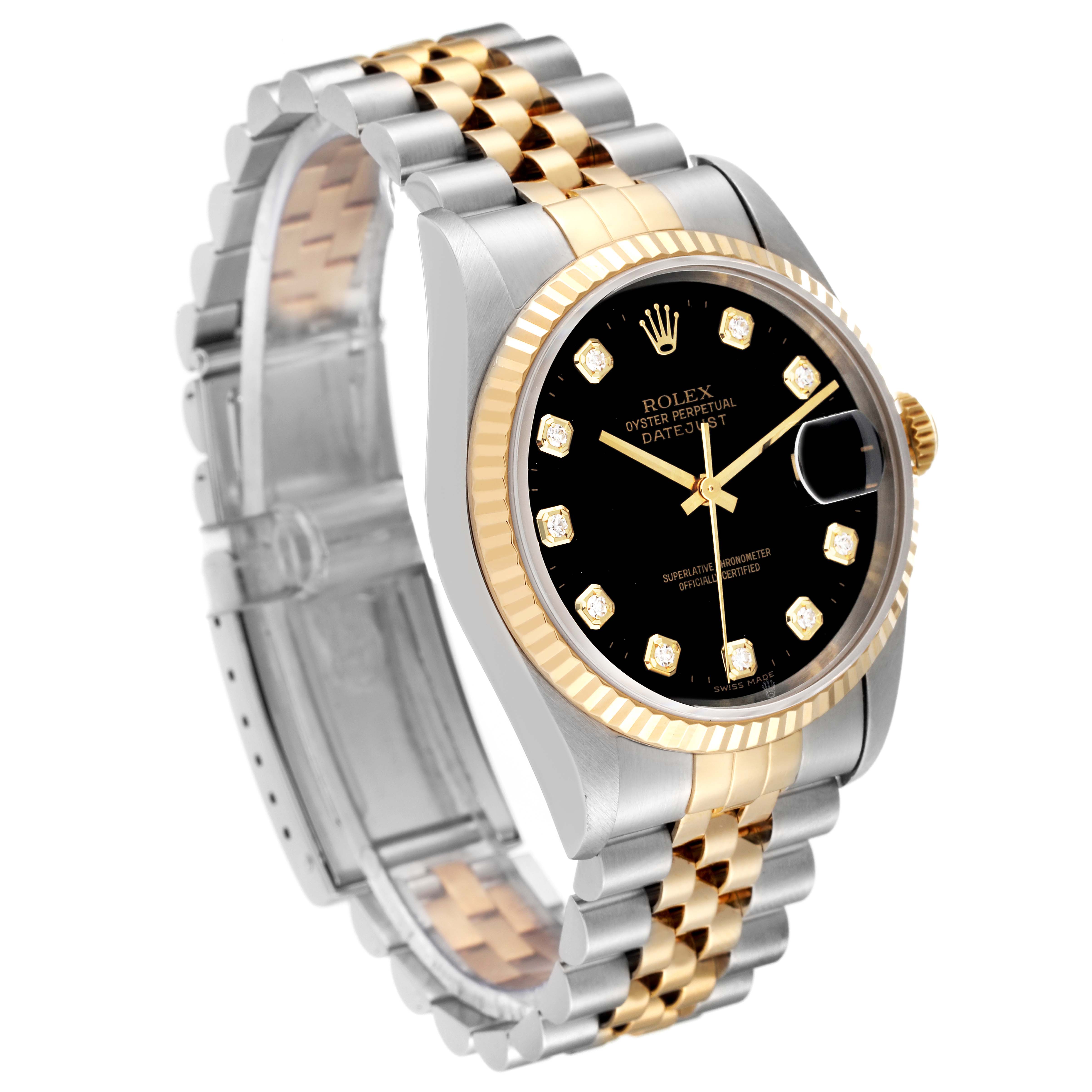 The image shows a Rolex Datejust 16233 Men's Steel and Gold (two tone) Black Dial 16233 Men's Steel and Gold (two tone) Black Dial watch from a side angle, highlighting its black dial, gold bezel, and two-tone bracelet.