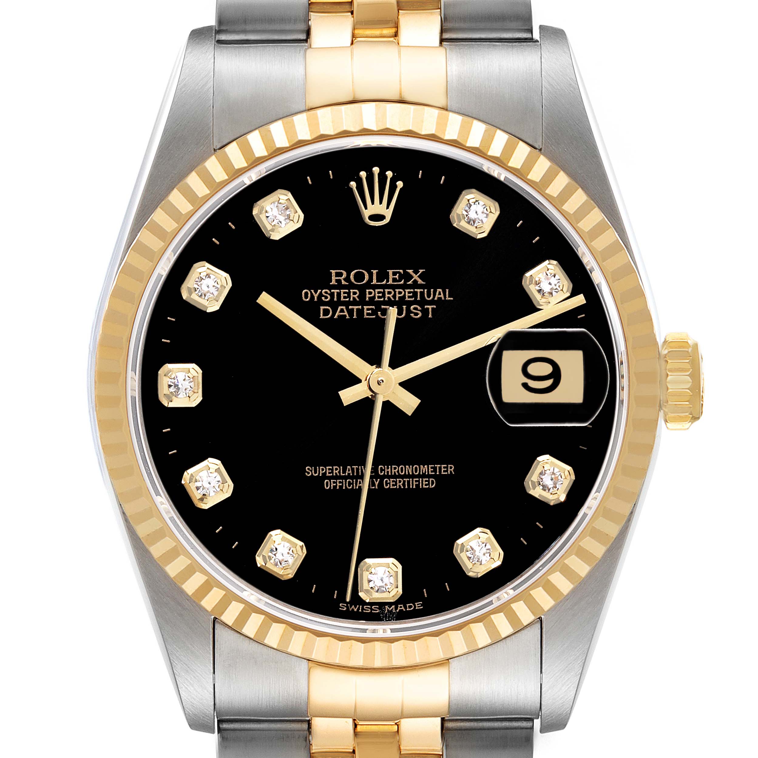 This image shows a front view of the Rolex Datejust 16233 Men's Steel and Gold (two tone) Black Dial 16233 Men's Steel and Gold (two tone) Black Dial watch, highlighting its dial, bezel, hands, and part of the bracelet.