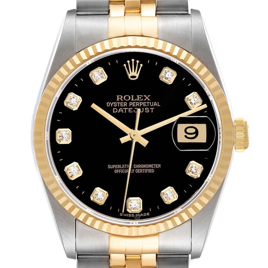 Rolex Datejust Steel Yellow Gold Black Diamond Dial Mens Watch 16233 Box Papers SwissWatchExpo