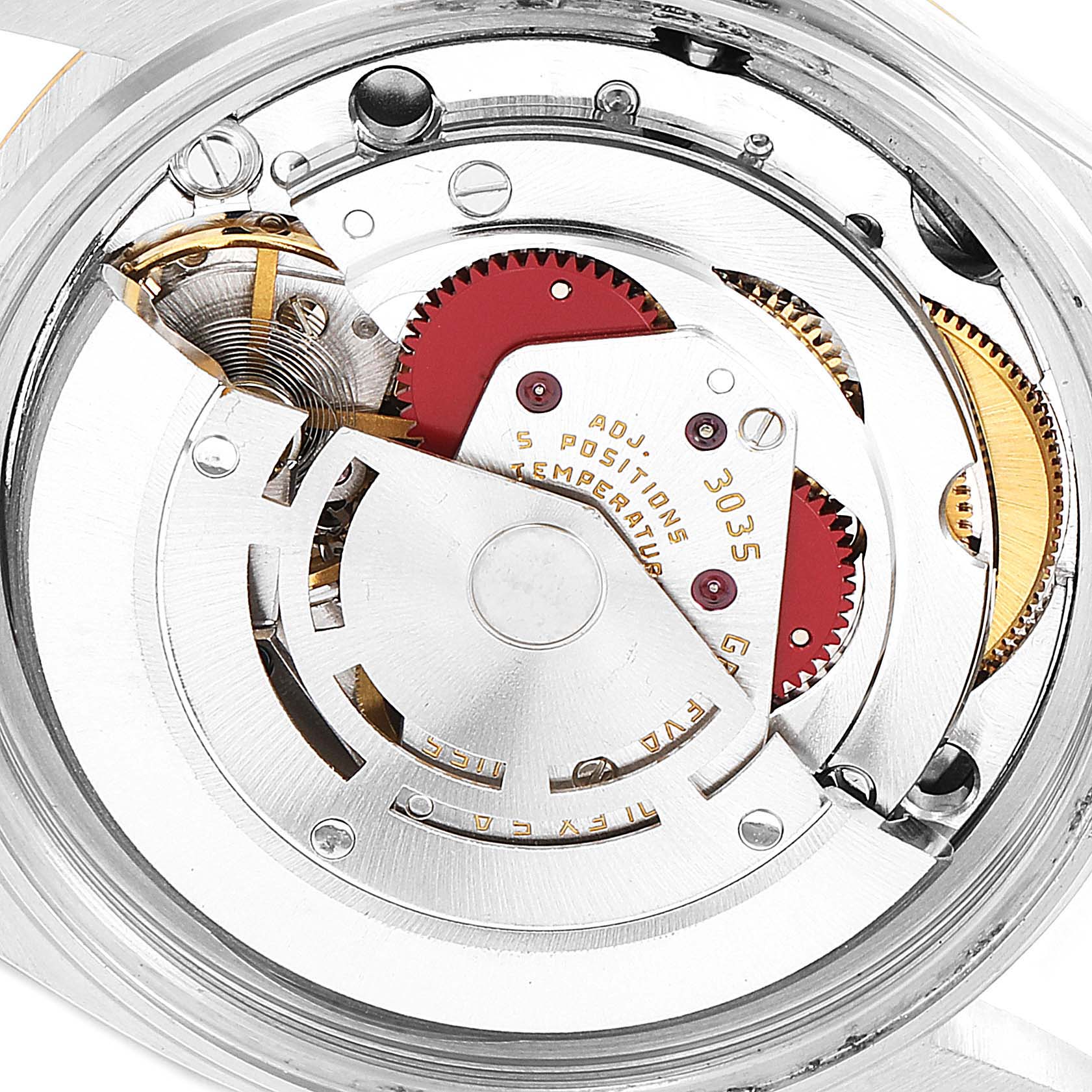 The image shows the internal mechanical movement of a Rolex Vintage Collection 16013 Men's Steel and Gold (two tone) White Dial 16013 Men's Steel and Gold (two tone) White Dial watch, viewed from the back.