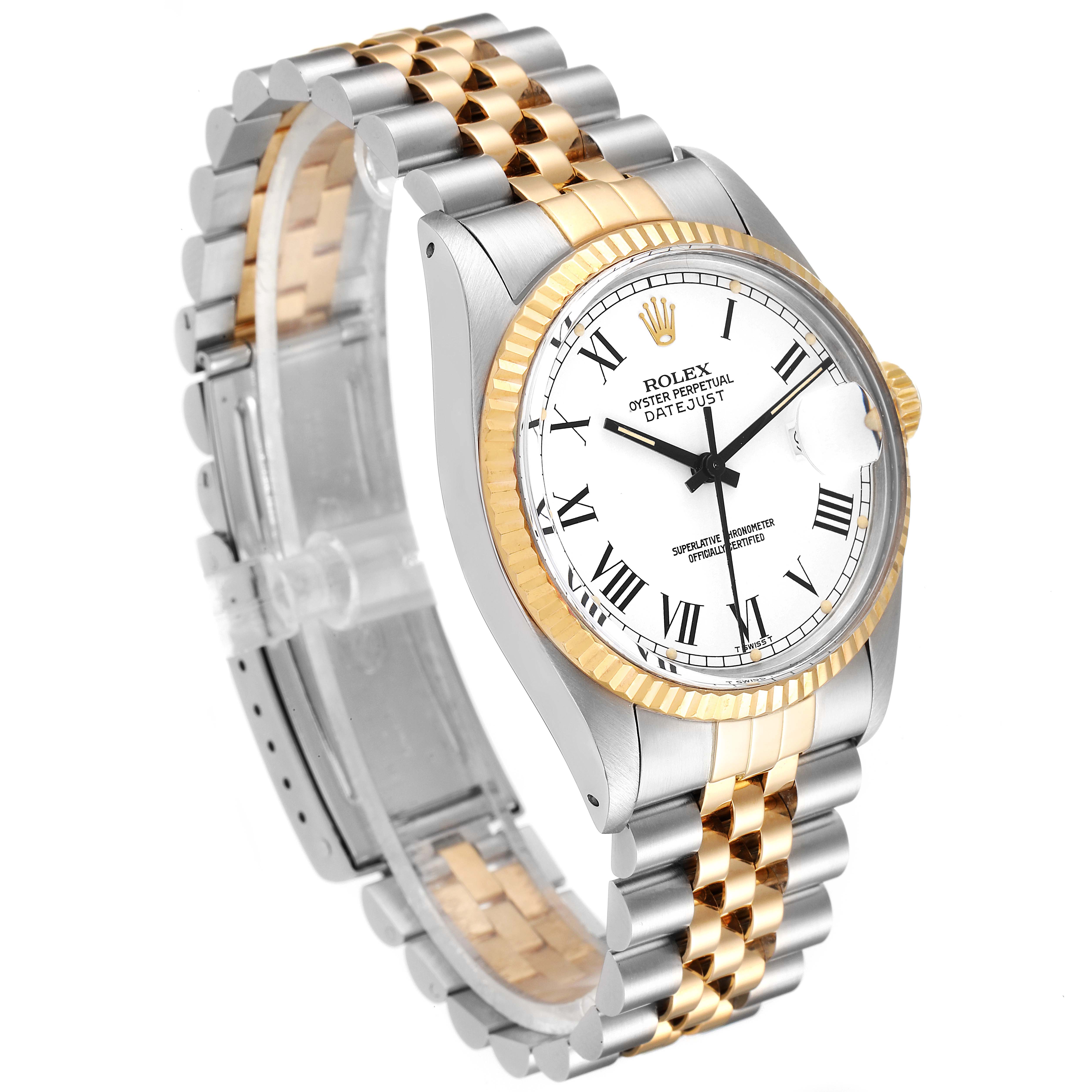 The Rolex Vintage Collection 16013 Men's Steel and Gold (two tone) White Dial 16013 Men's Steel and Gold (two tone) White Dial model is shown at a slight angle, displaying the face, bezel, and bracelet.