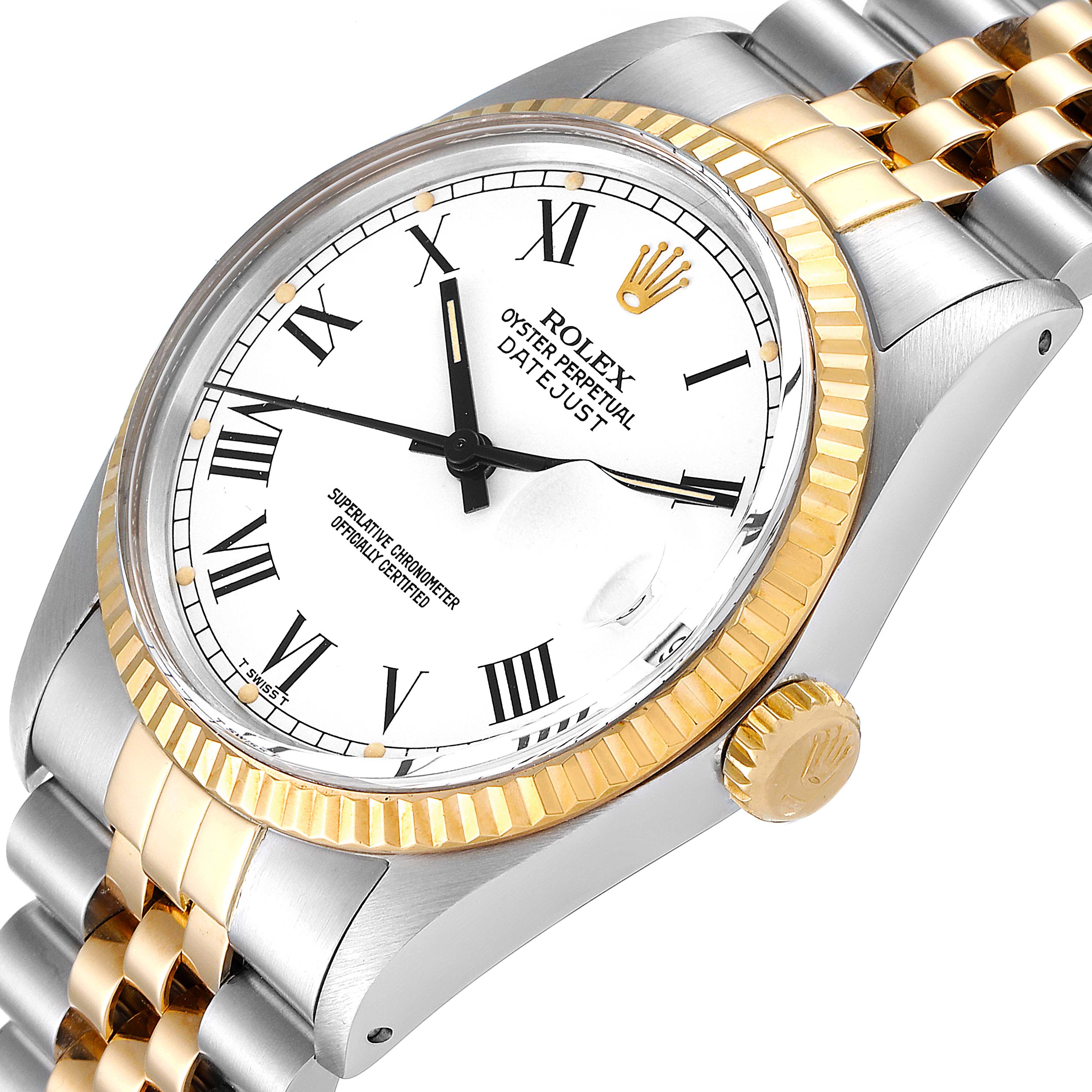 This image showcases a close-up view of a Rolex Vintage Collection 16013 Men's Steel and Gold (two tone) White Dial 16013 Men's Steel and Gold (two tone) White Dial model, highlighting its dial, bezel, crown, and part of the bracelet.
