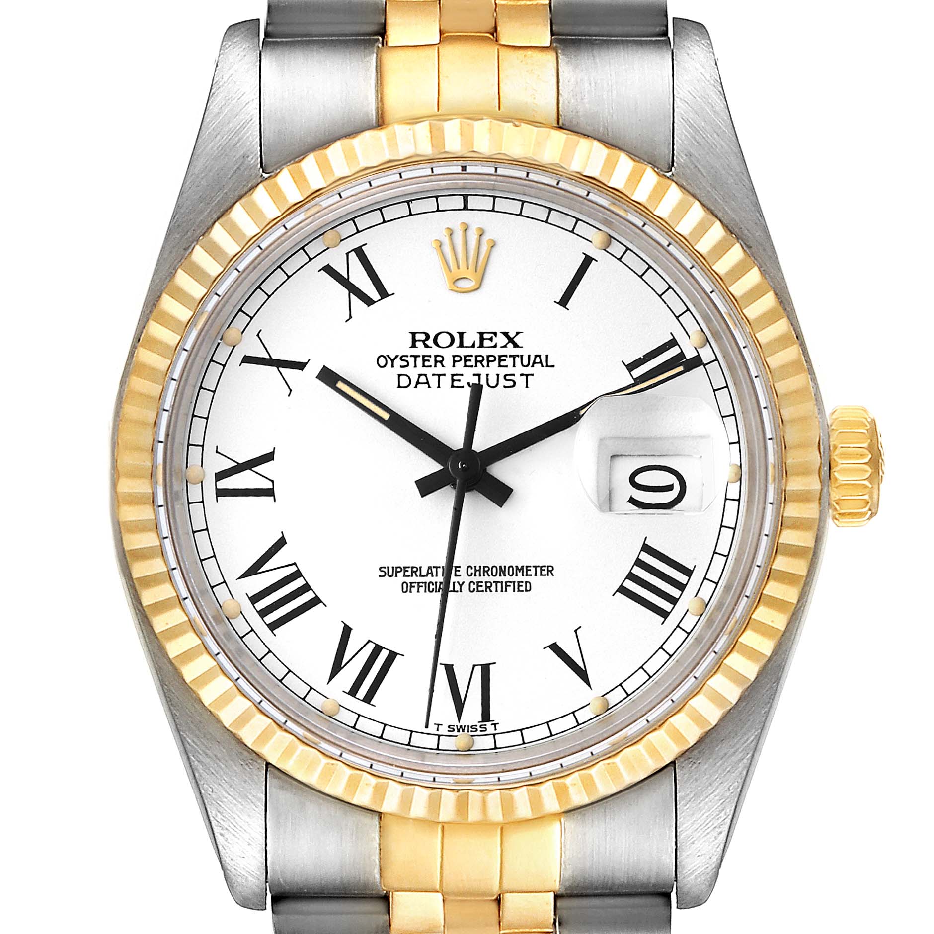 The image shows a front view of a Rolex Vintage Collection 16013 Men's Steel and Gold (two tone) White Dial 16013 Men's Steel and Gold (two tone) White Dial Oyster Perpetual Datejust, highlighting the dial, bezel, and part of the bracelet.