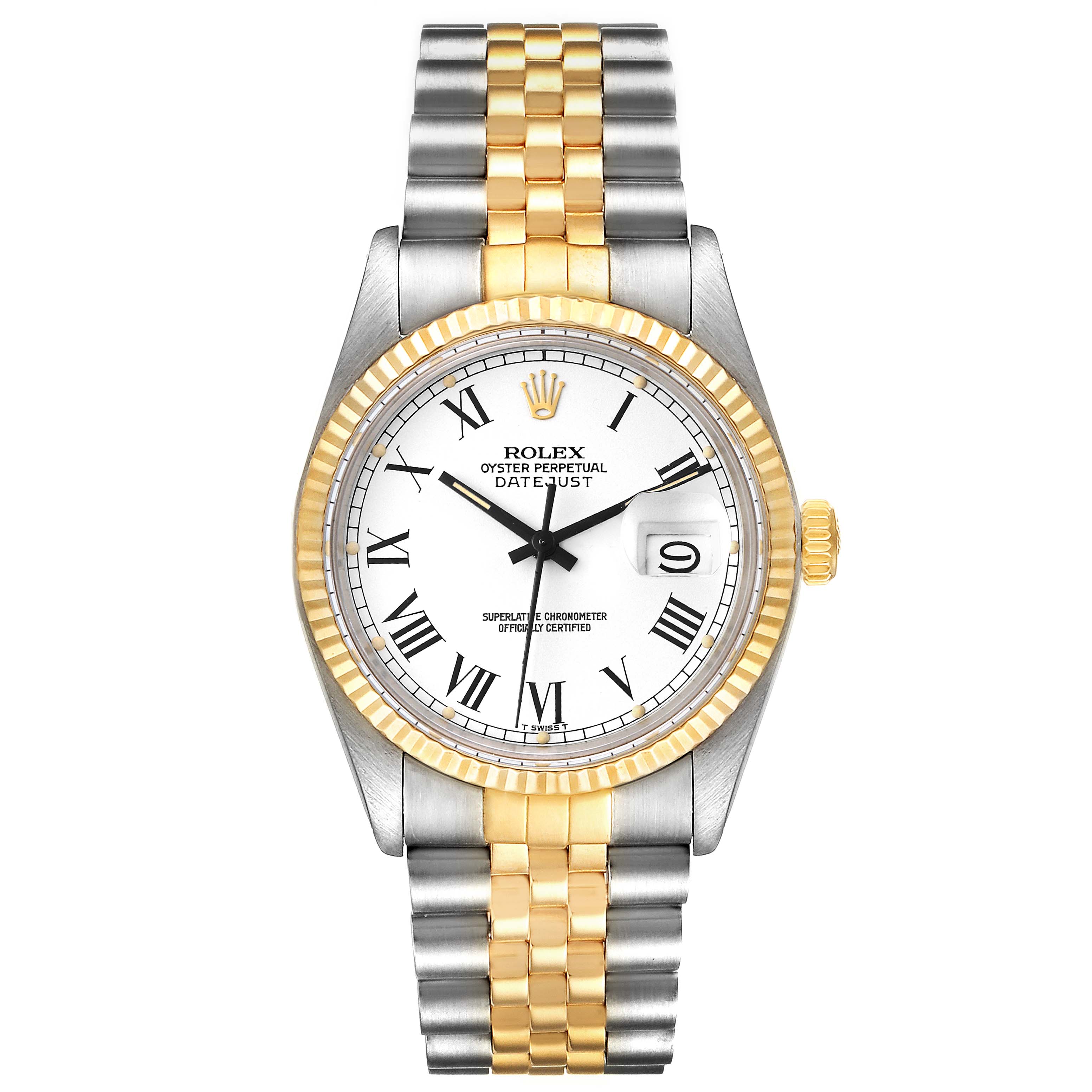 The image shows a frontal view of a Rolex Vintage Collection 16013 Men's Steel and Gold (two tone) White Dial 16013 Men's Steel and Gold (two tone) White Dial Datejust watch, highlighting the two-tone bracelet, dial, and case.
