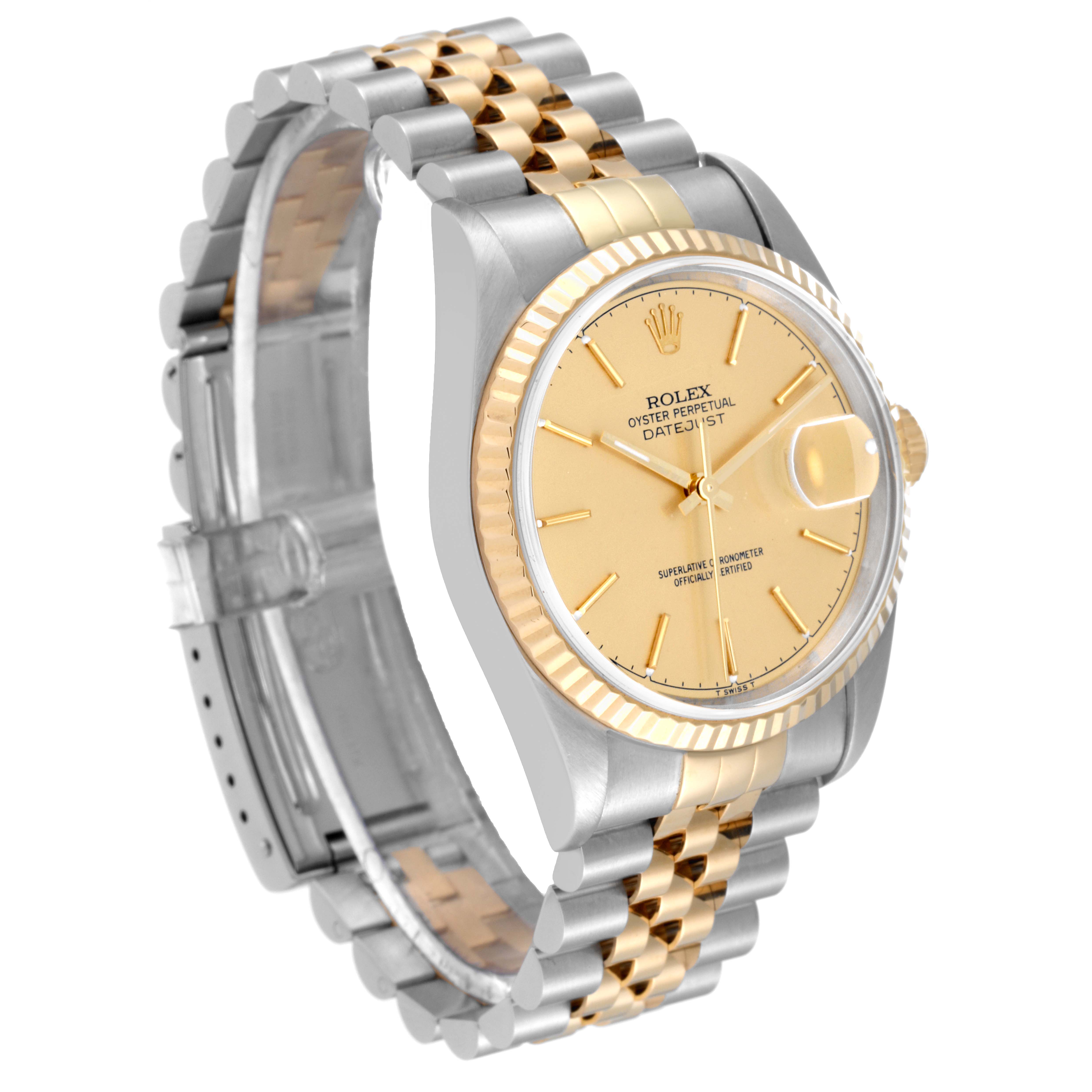 This Rolex Datejust 16233 Men's Steel and Gold (two tone) Champagne Dial 16233 Men's Steel and Gold (two tone) Champagne Dial watch is shown at a slight angle, highlighting its gold dial, jubilee bracelet, and fluted bezel.