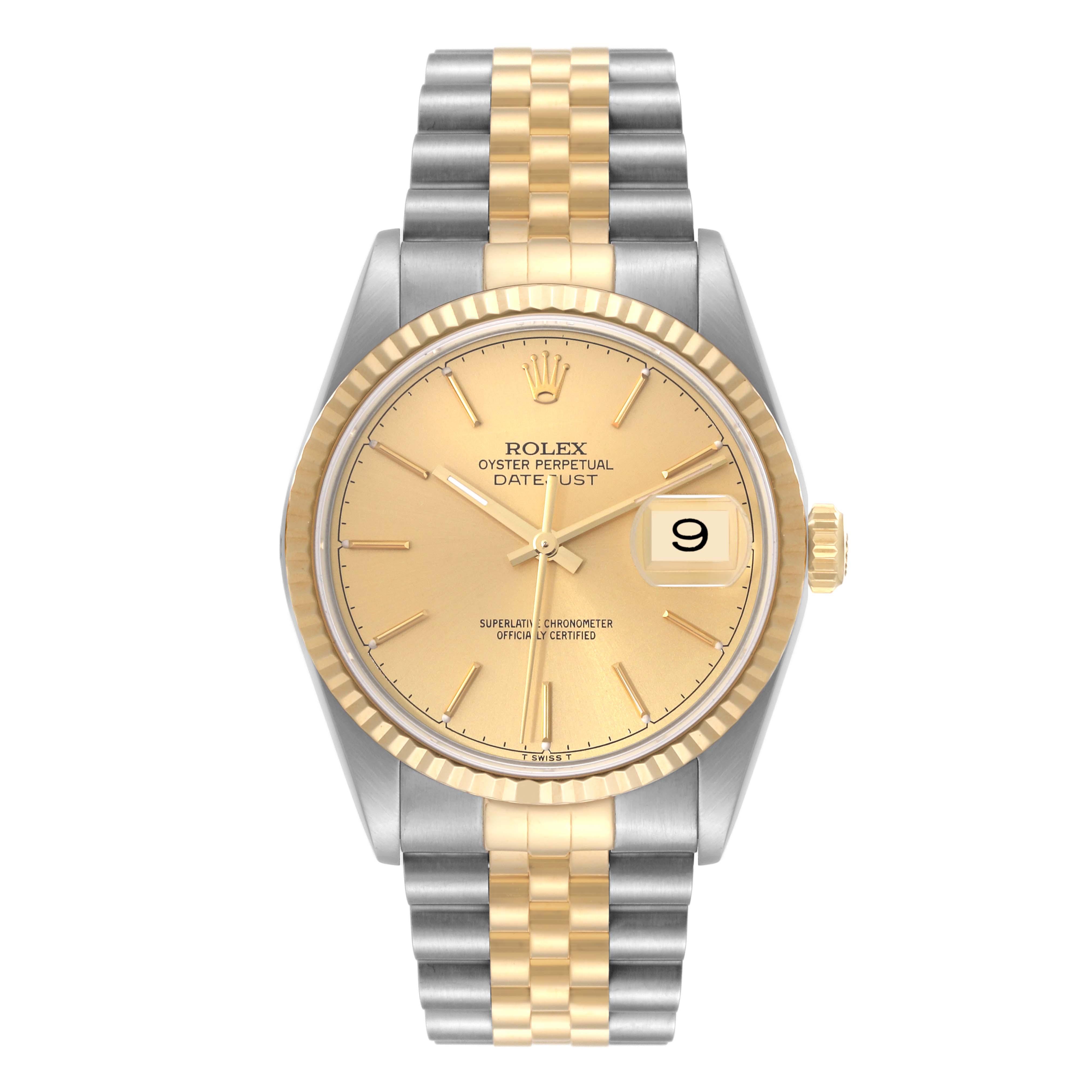 The image shows a front view of the Rolex Datejust 16233 Men's Steel and Gold (two tone) Champagne Dial 16233 Men's Steel and Gold (two tone) Champagne Dial watch, highlighting its two-tone bracelet, champagne dial, and date window.