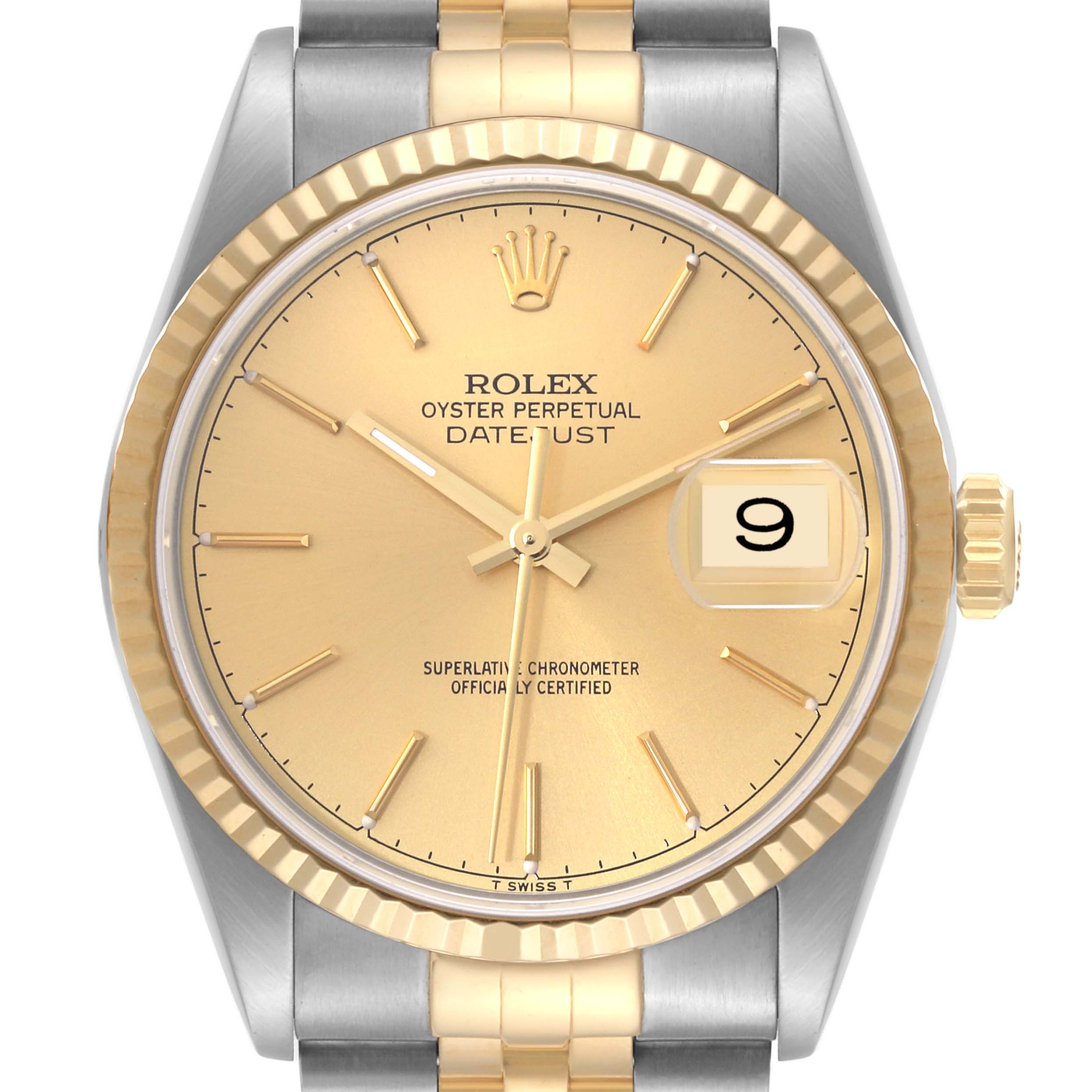 This image shows a Rolex Datejust 16233 Men's Steel and Gold (two tone) Champagne Dial 16233 Men's Steel and Gold (two tone) Champagne Dial watch front-facing, highlighting its gold dial, fluted bezel, and date window at 3 o'clock.