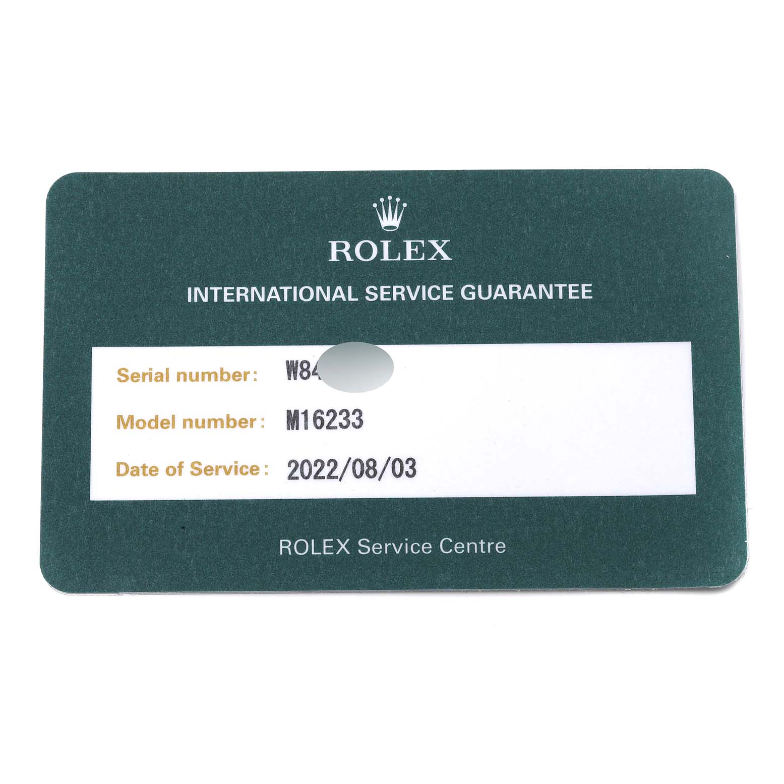 The image shows a Rolex International Service Guarantee card for the Datejust model, with details like serial number, model number, and service date.