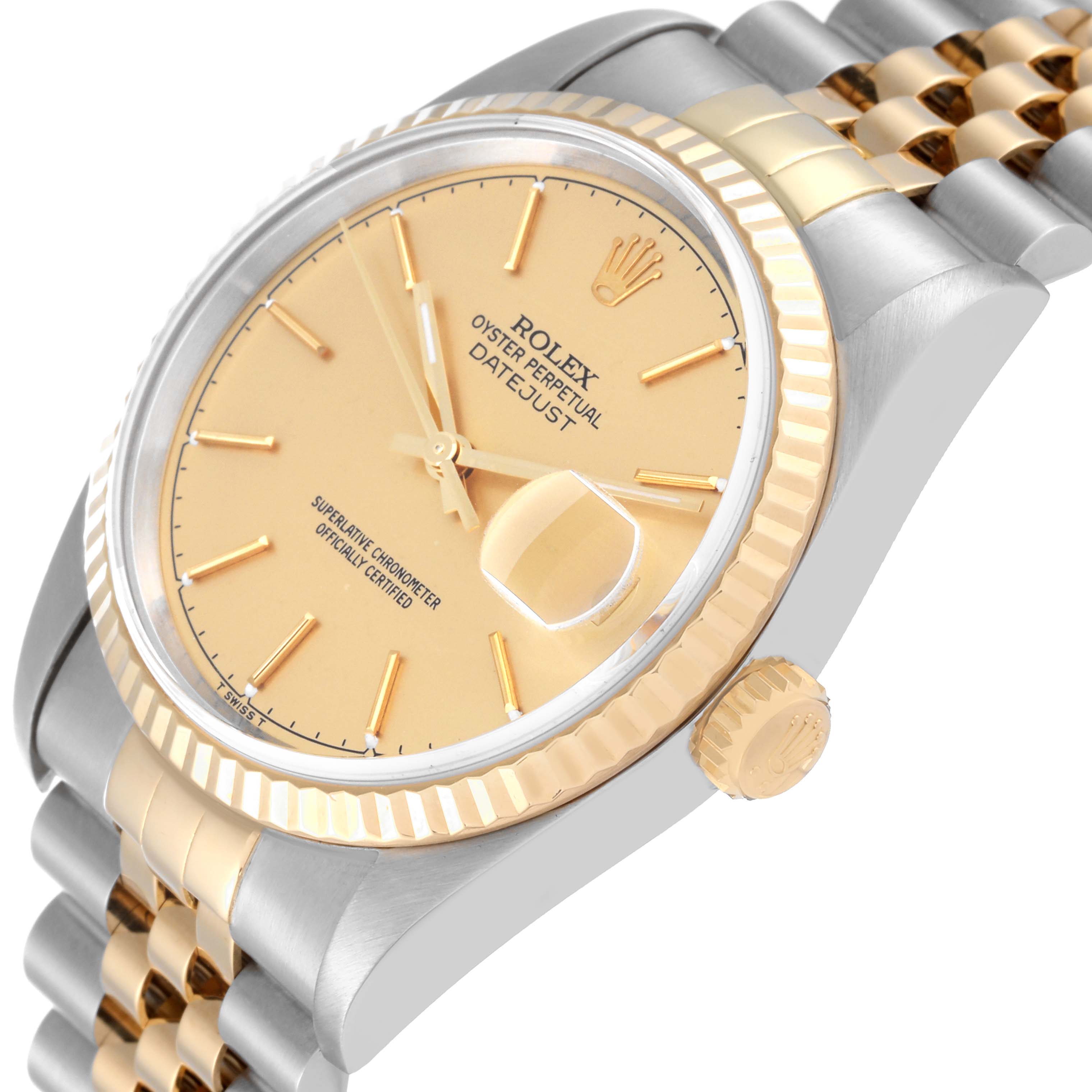 This image shows a side angle of a Rolex Datejust 16233 Men's Steel and Gold (two tone) Champagne Dial 16233 Men's Steel and Gold (two tone) Champagne Dial watch, highlighting its face, bezel, crown, and bracelet.