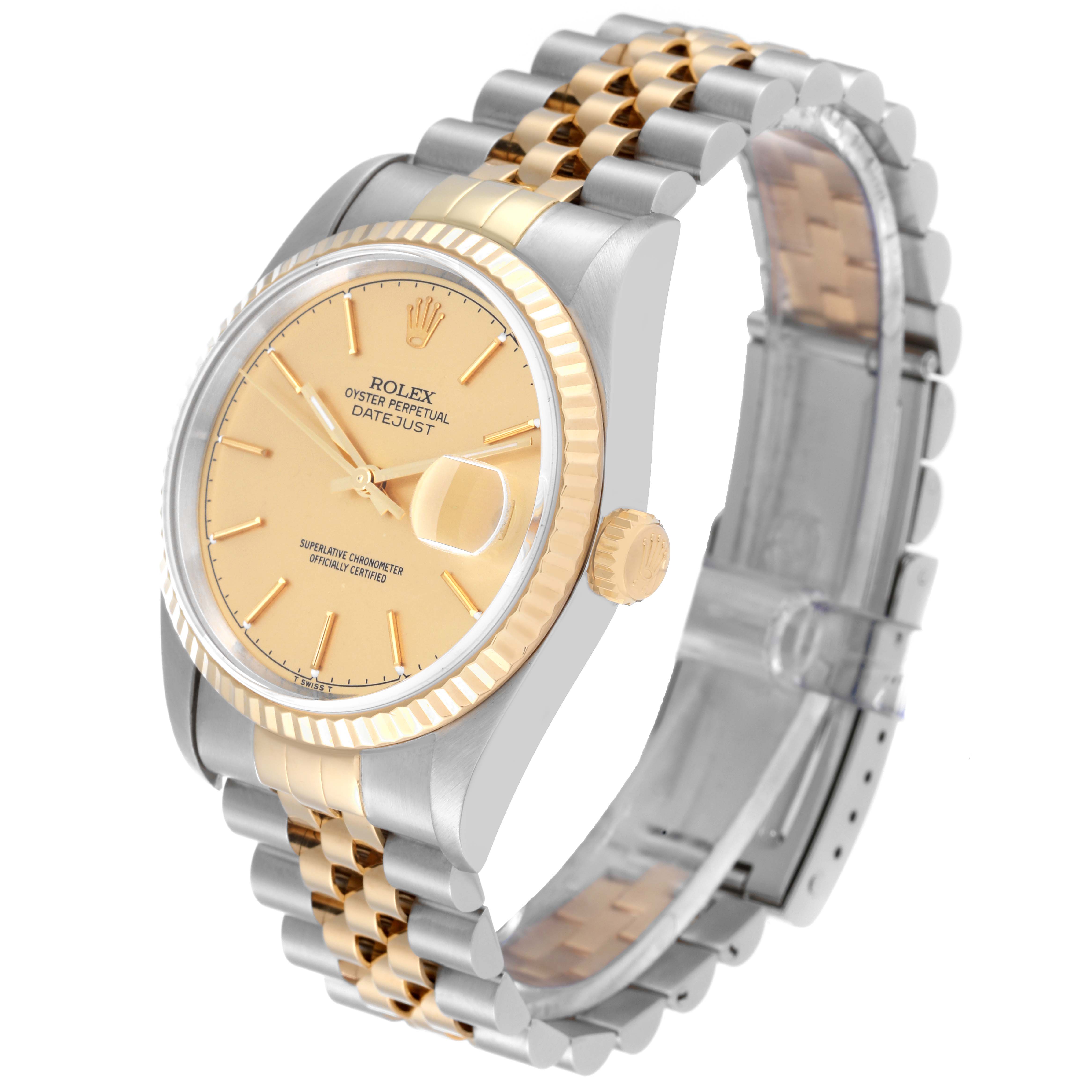 This image shows a Rolex Datejust 16233 Men's Steel and Gold (two tone) Champagne Dial 16233 Men's Steel and Gold (two tone) Champagne Dial watch at a three-quarter angle, highlighting the bezel, dial, crown, and two-tone Jubilee bracelet.