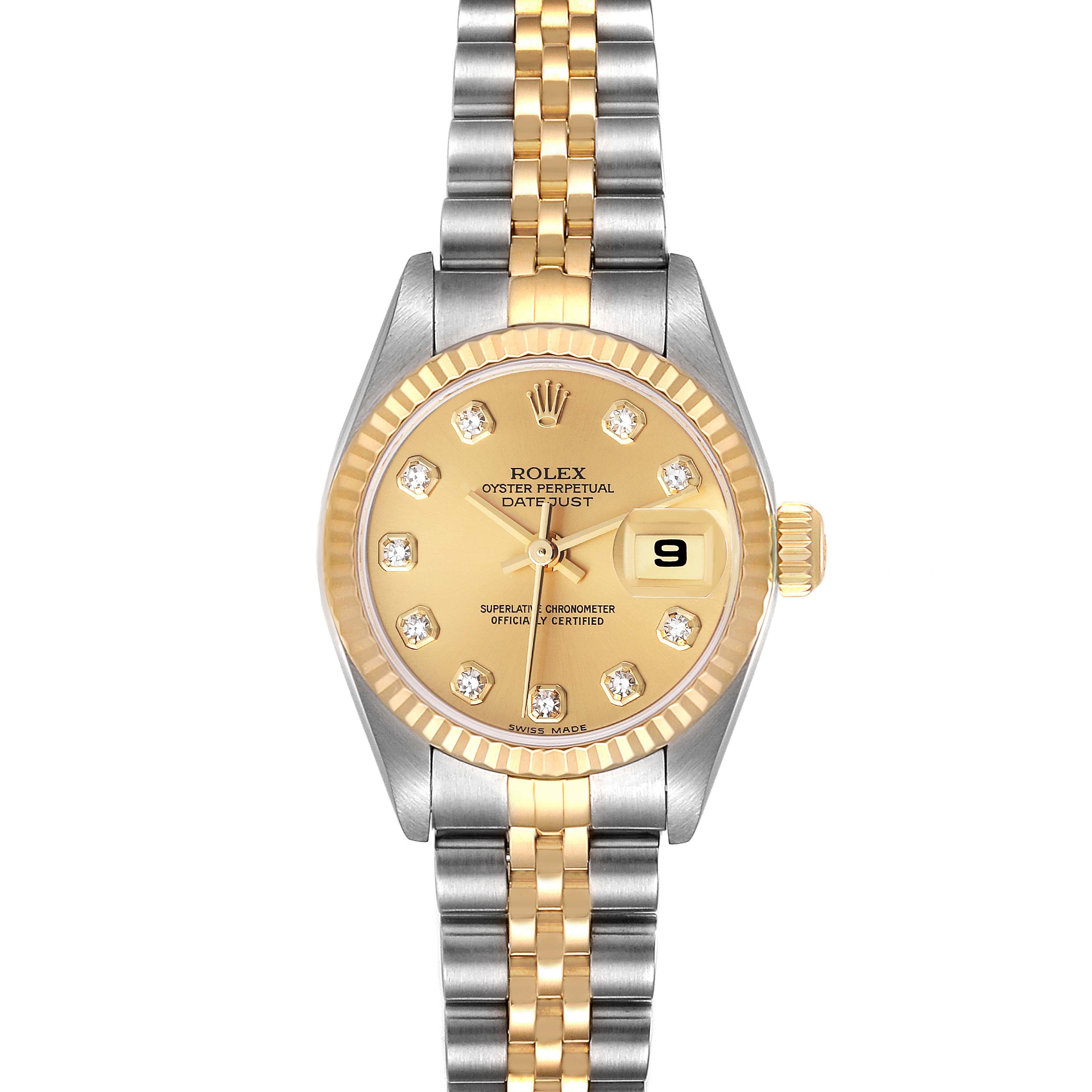 The image shows a Rolex Datejust 79173 Women's Steel and Gold (two tone) Champagne Dial 79173 Women's Steel and Gold (two tone) Champagne Dial watch from a top-down angle, highlighting the dial, bezel, crown, and bracelet.
