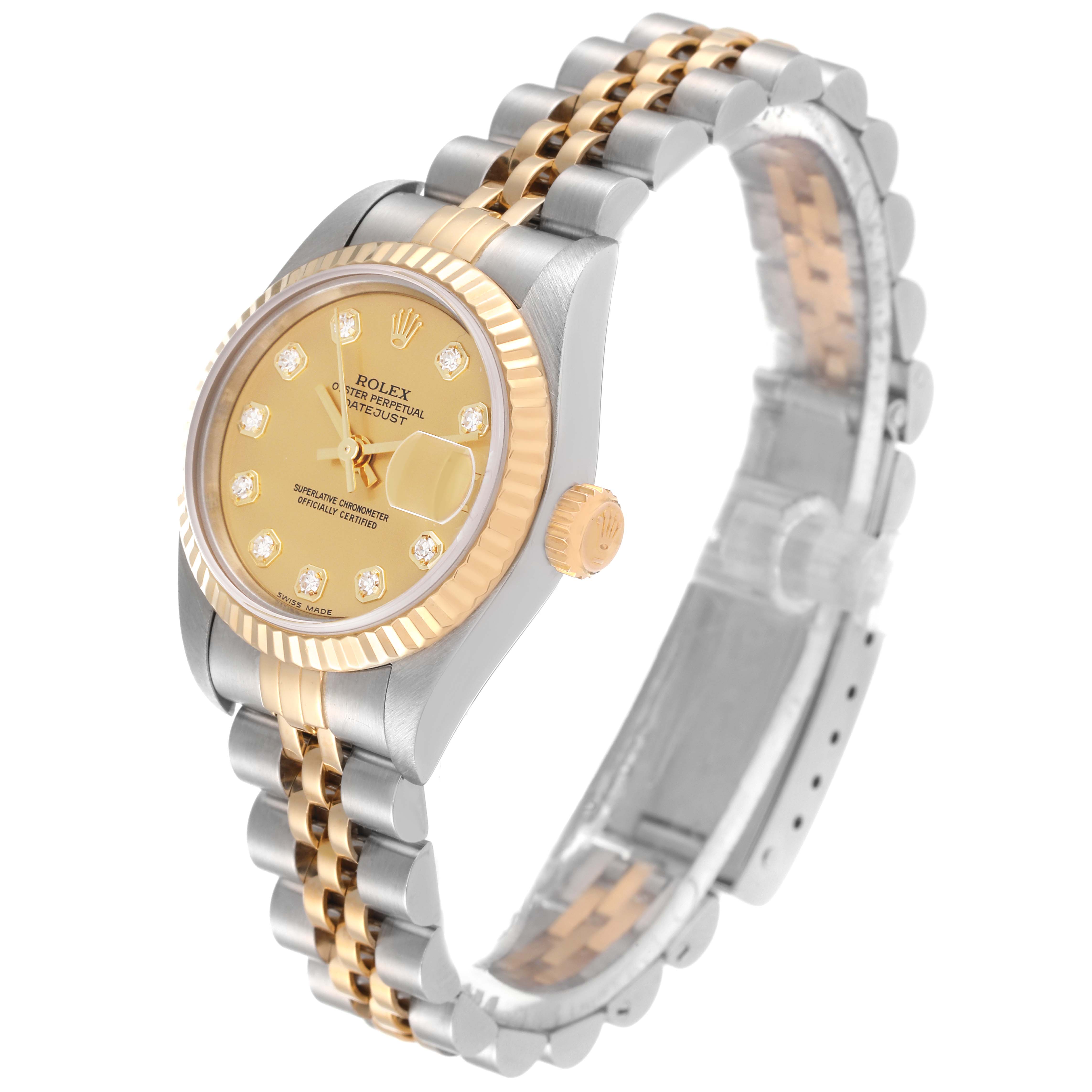 The image shows a side view of a Rolex Datejust 79173 Women's Steel and Gold (two tone) Champagne Dial 79173 Women's Steel and Gold (two tone) Champagne Dial watch, highlighting its face, bezel, crown, and two-tone bracelet.