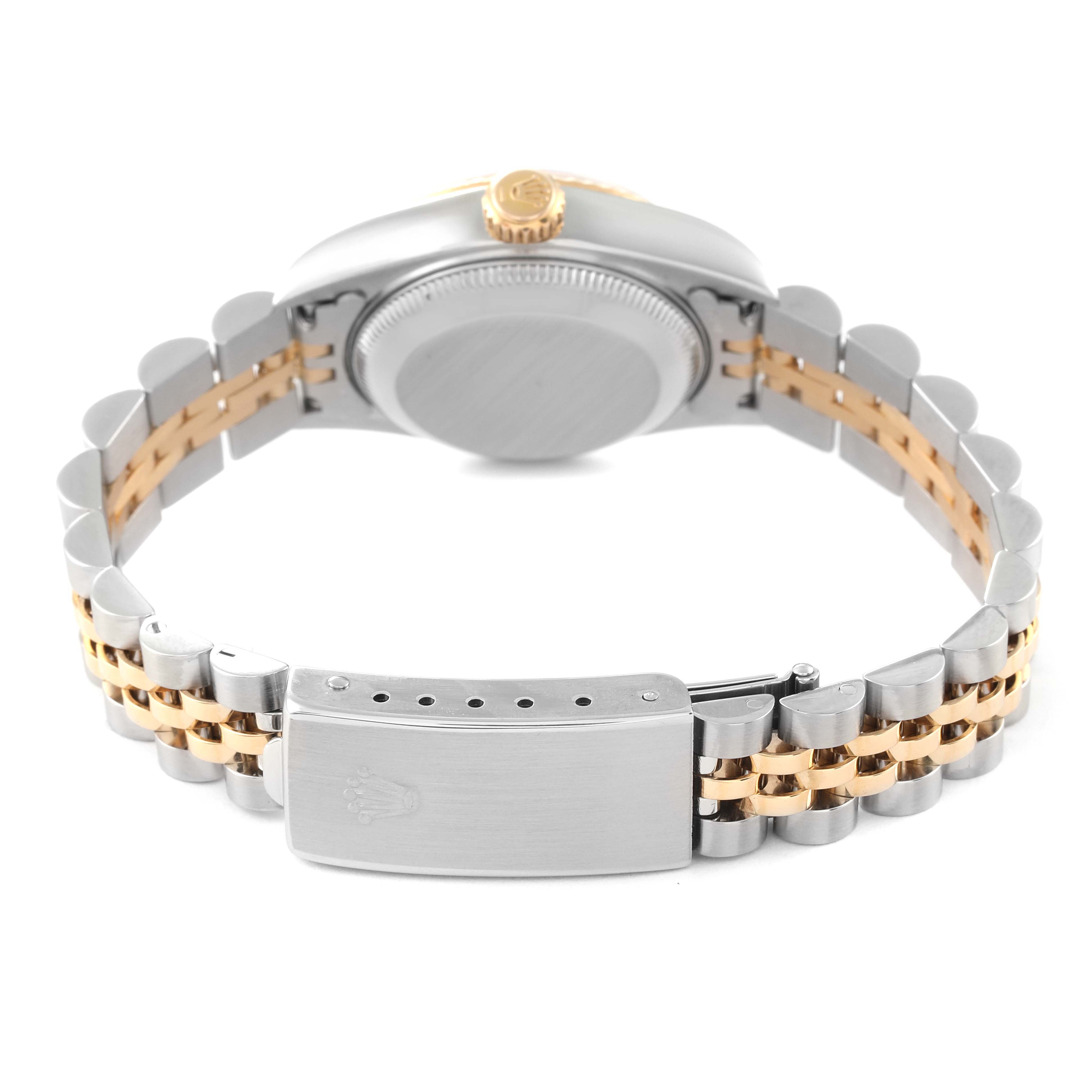 The image shows the backside of a Rolex Datejust 79173 Women's Steel and Gold (two tone) Champagne Dial 79173 Women's Steel and Gold (two tone) Champagne Dial watch, focusing on the clasp and part of the bracelet.