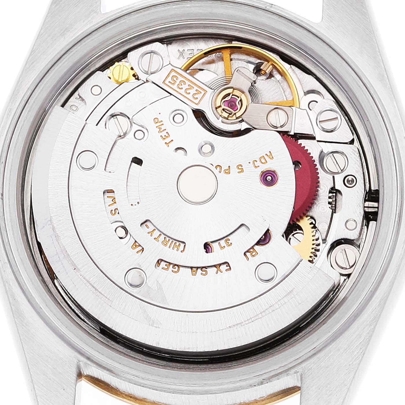 This is the internal mechanism of a Rolex Datejust 79173 Women's Steel and Gold (two tone) Champagne Dial 79173 Women's Steel and Gold (two tone) Champagne Dial watch, viewed from a top-down angle with the case back removed.