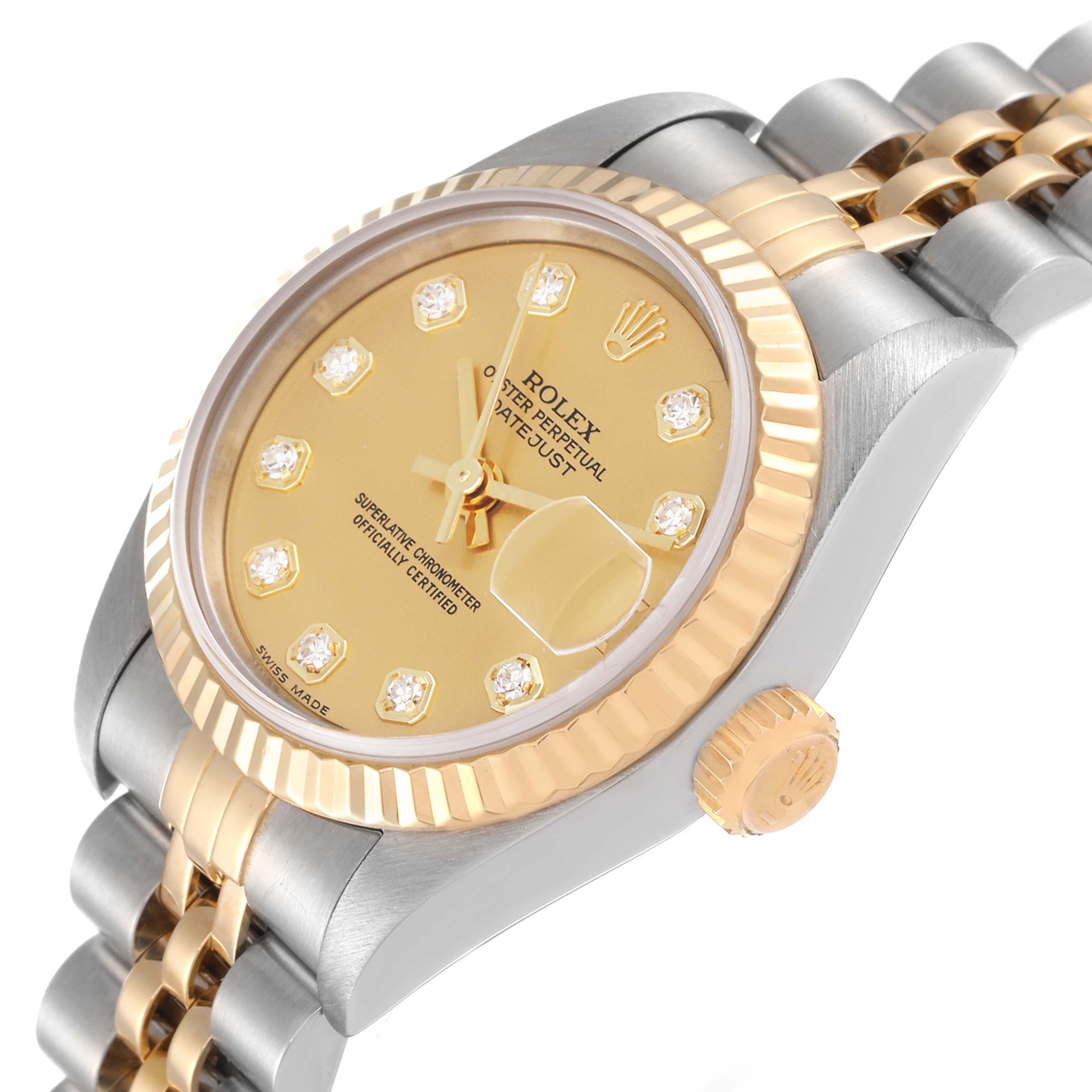 The image shows a side view of the Rolex Datejust 79173 Women's Steel and Gold (two tone) Champagne Dial 79173 Women's Steel and Gold (two tone) Champagne Dial watch highlighting its face, bezel, crown, and partial bracelet.