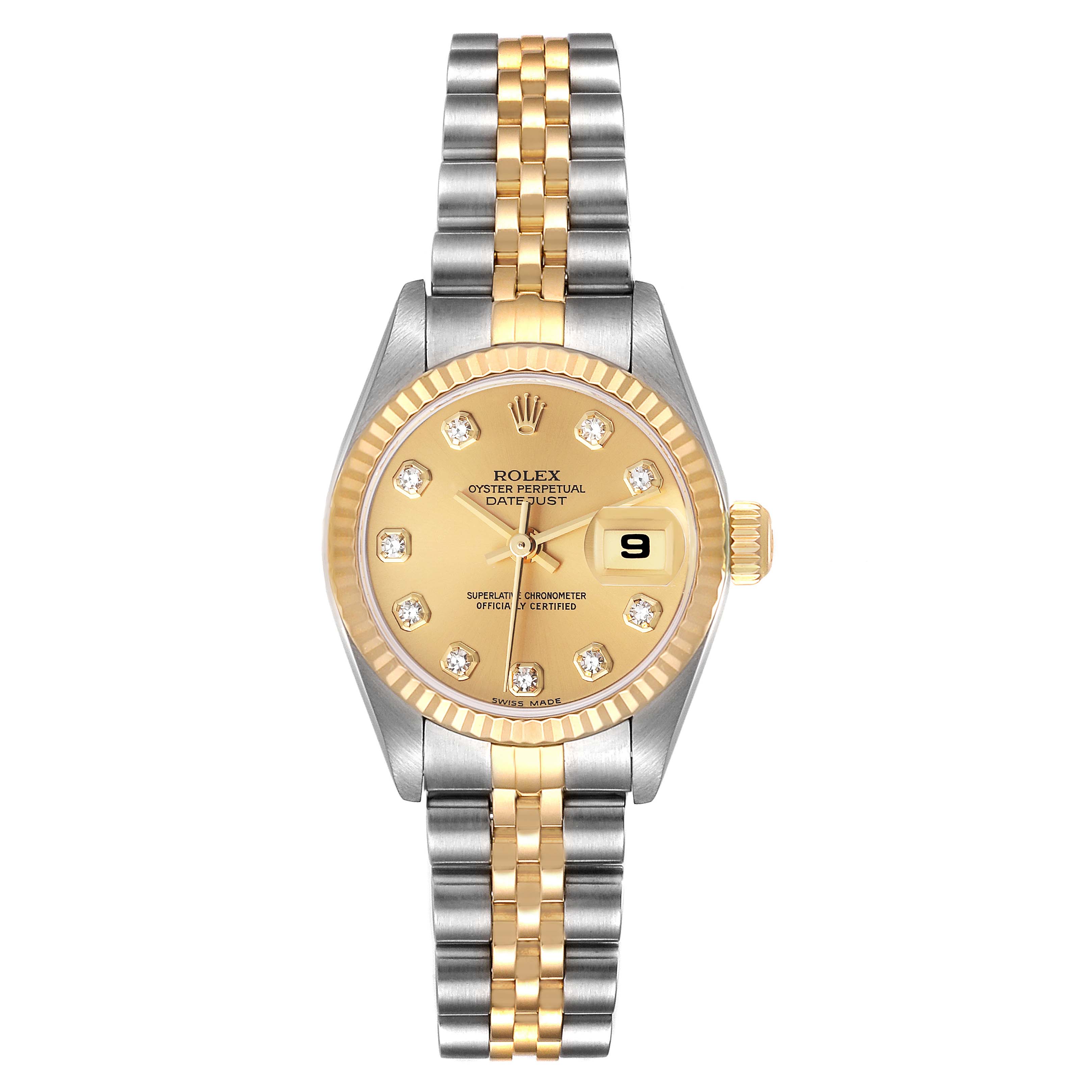 This is a front view of a Rolex Datejust 79173 Women's Steel and Gold (two tone) Champagne Dial 79173 Women's Steel and Gold (two tone) Champagne Dial watch, showing the face, dial, hands, date window, and two-tone bracelet.