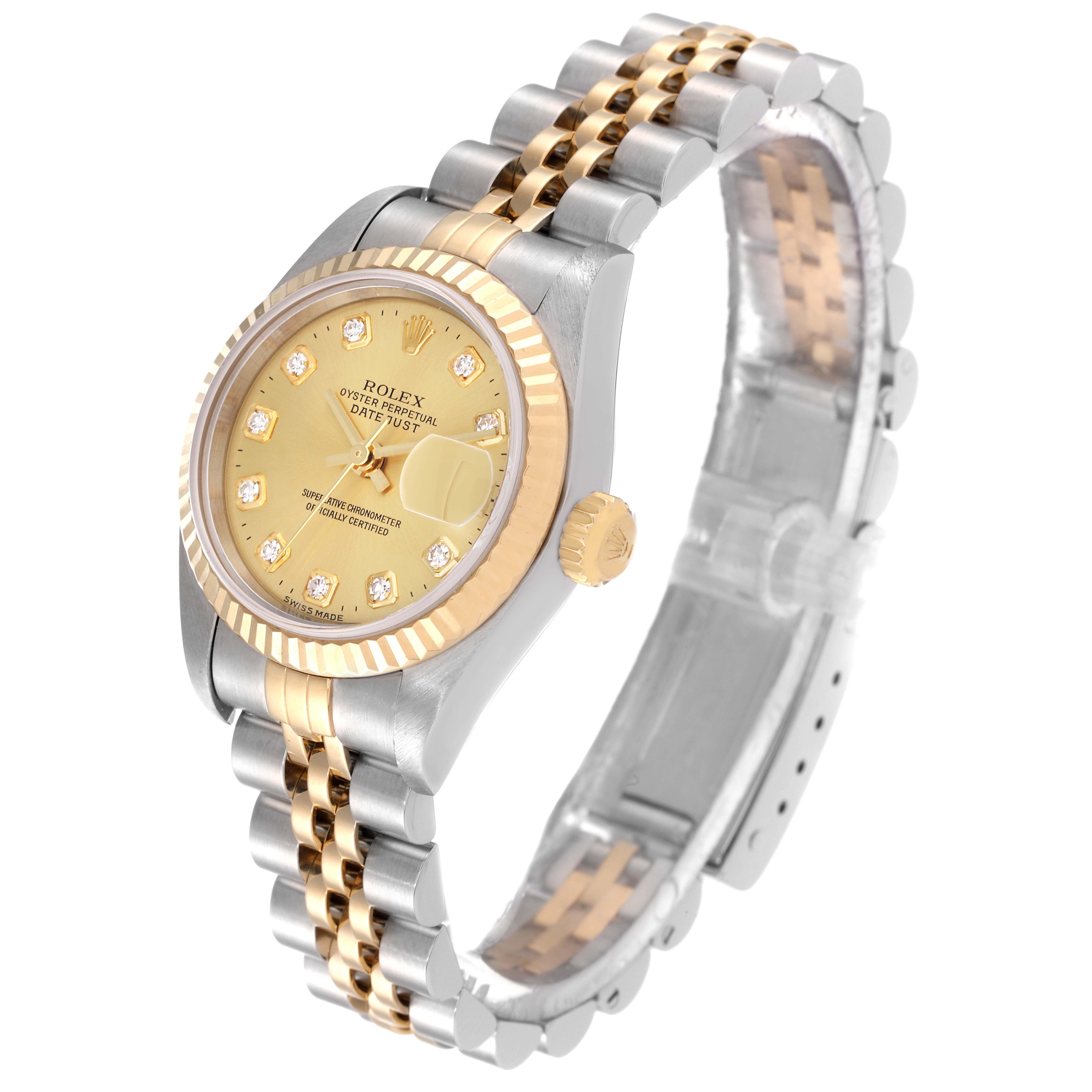 The image shows a side angle of a Rolex Datejust 79173 Women's Steel and Gold (two tone) Champagne Dial 79173 Women's Steel and Gold (two tone) Champagne Dial watch, featuring a two-tone bracelet and a gold dial with diamond markers.