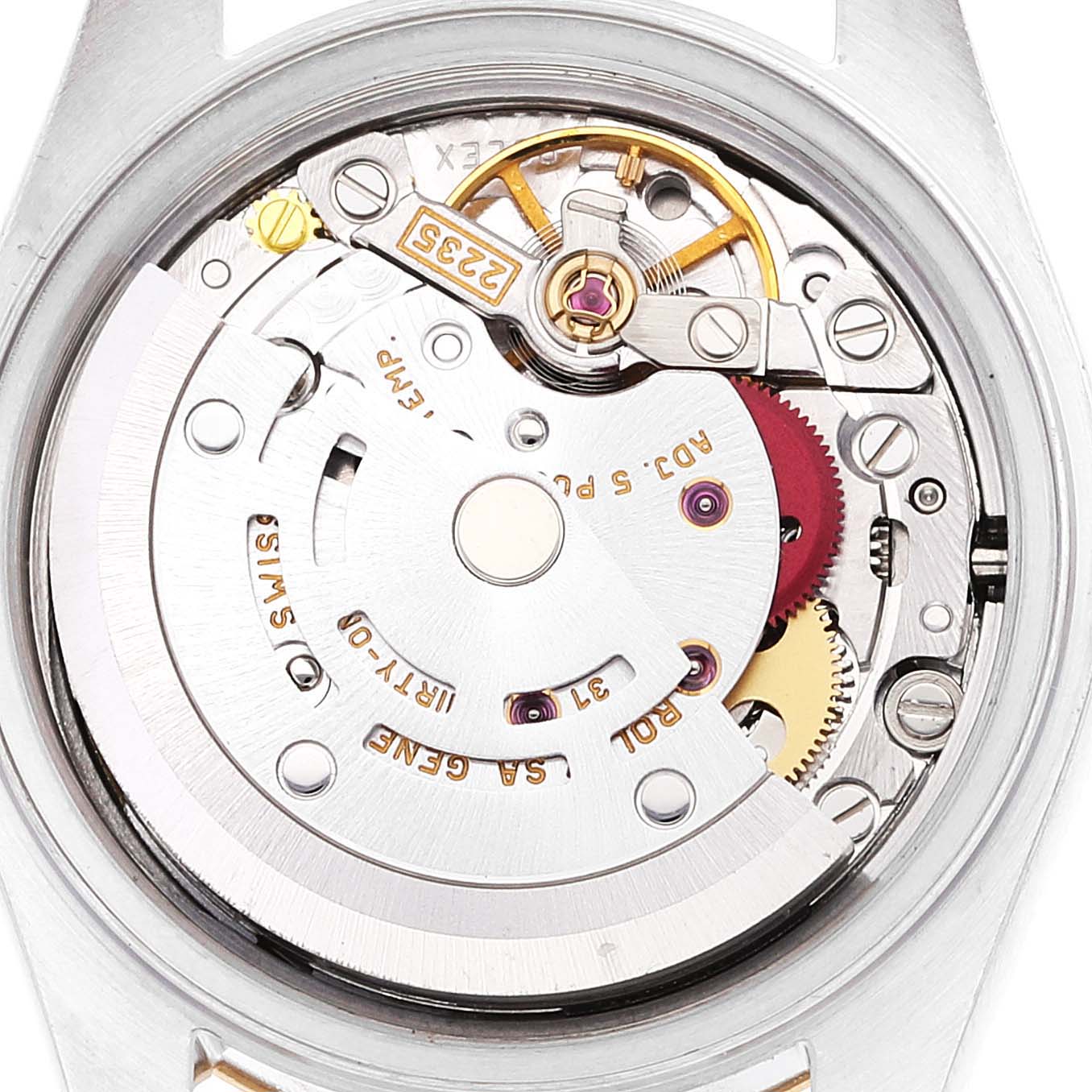 This image shows a close-up view of the internal mechanism of the Rolex Datejust 79173 Women's Steel and Gold (two tone) Champagne Dial 79173 Women's Steel and Gold (two tone) Champagne Dial watch, highlighting the movement parts.