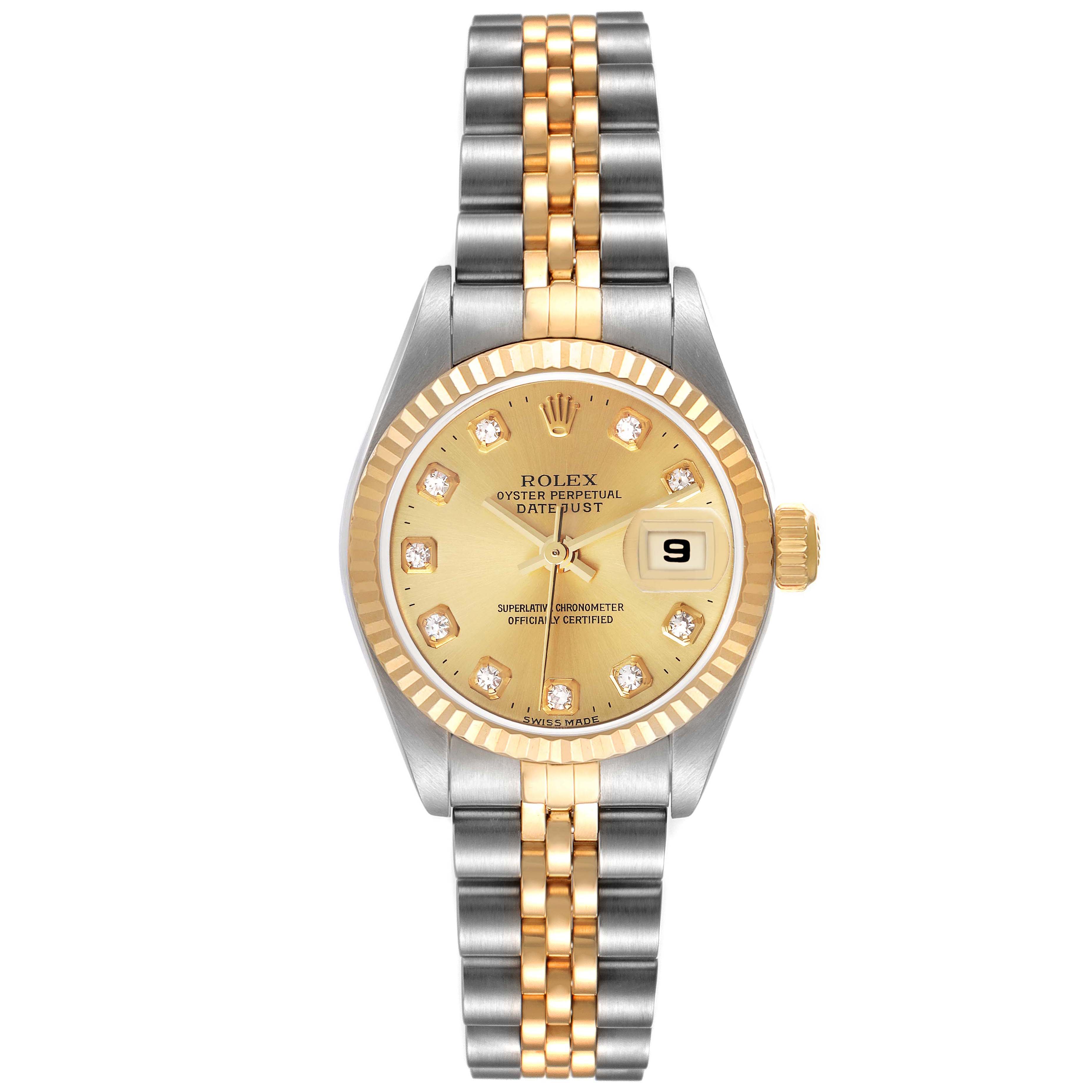 The image shows a front view of a Rolex Datejust 79173 Women's Steel and Gold (two tone) Champagne Dial 79173 Women's Steel and Gold (two tone) Champagne Dial watch, highlighting the gold dial, fluted bezel, and two-tone Jubilee bracelet.