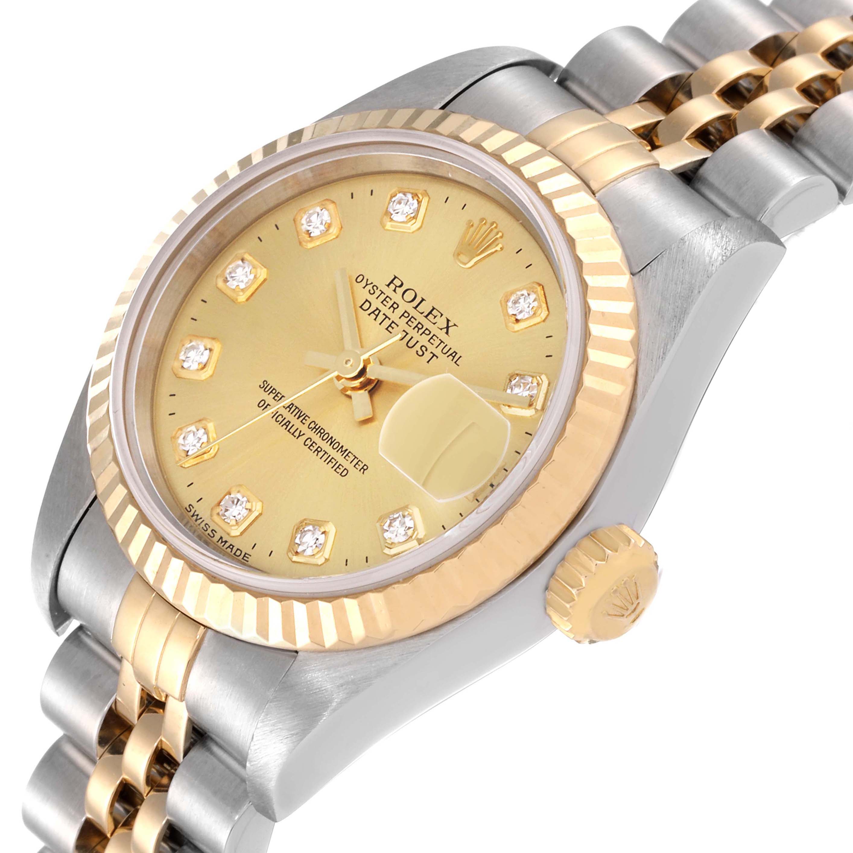 The image shows a close-up side angle of a Rolex Datejust 79173 Women's Steel and Gold (two tone) Champagne Dial 79173 Women's Steel and Gold (two tone) Champagne Dial watch, highlighting its bezel, dial, and bracelet.