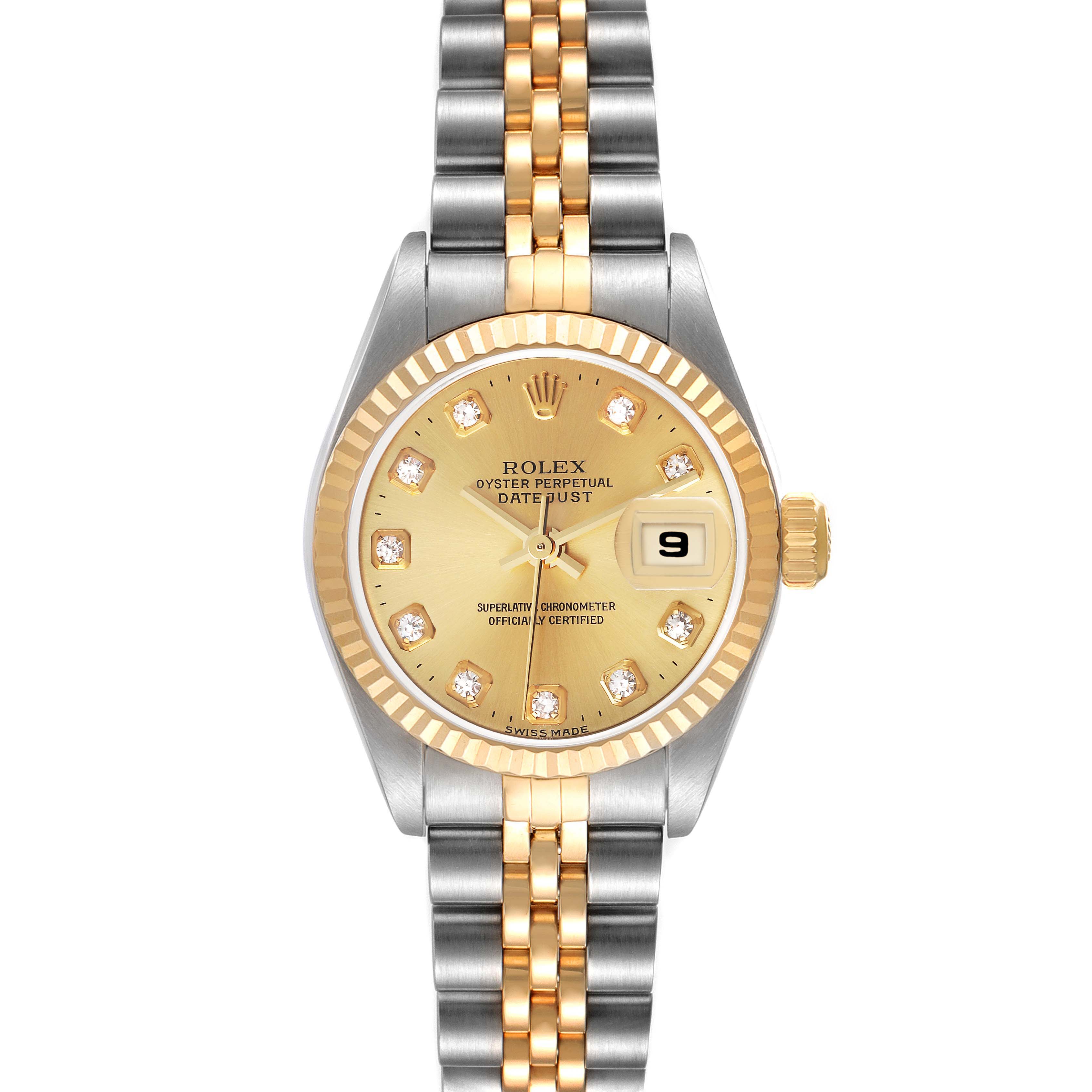 This image shows a front view of a Rolex Datejust 79173 Women's Steel and Gold (two tone) Champagne Dial 79173 Women's Steel and Gold (two tone) Champagne Dial watch, highlighting its gold and silver bracelet, gold dial, and date window.