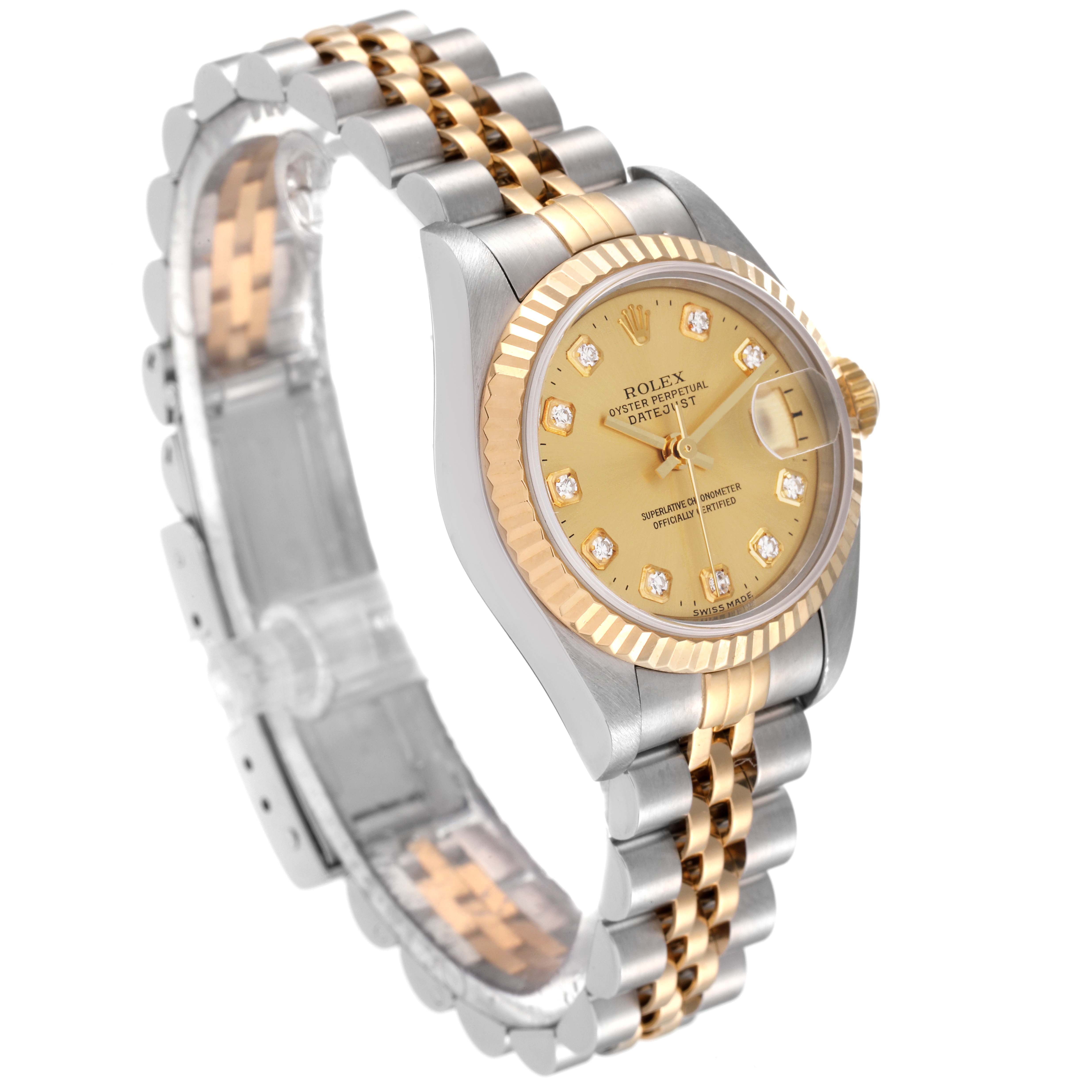 The image shows a Rolex Datejust 79173 Women's Steel and Gold (two tone) Champagne Dial 79173 Women's Steel and Gold (two tone) Champagne Dial watch at an angle highlighting its two-tone bracelet, fluted bezel, and diamond hour markers.