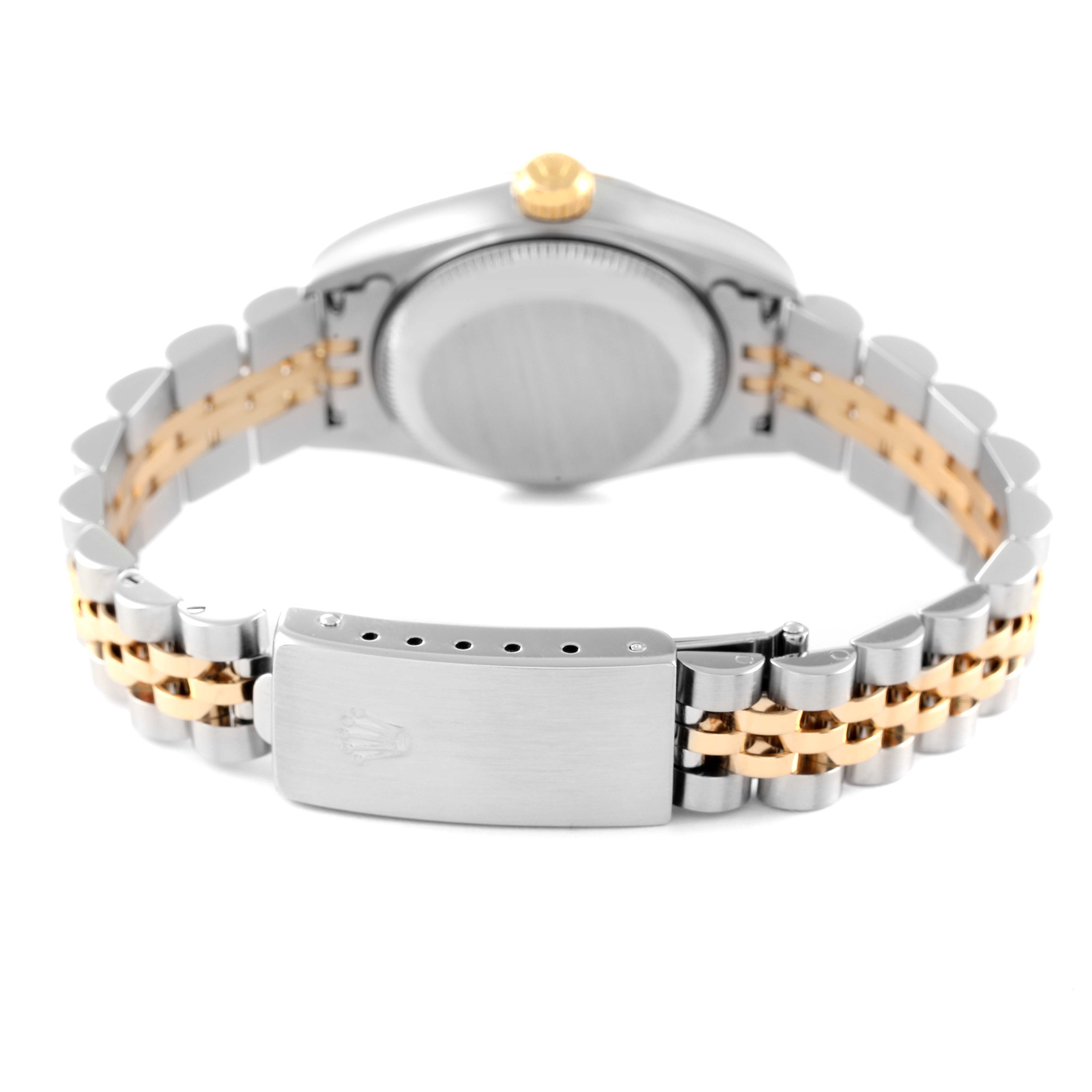 The image shows the back view of the Rolex Datejust 79173 Women's Steel and Gold (two tone) Champagne Dial 79173 Women's Steel and Gold (two tone) Champagne Dial watch highlighting the clasp, bracelet, and case back.
