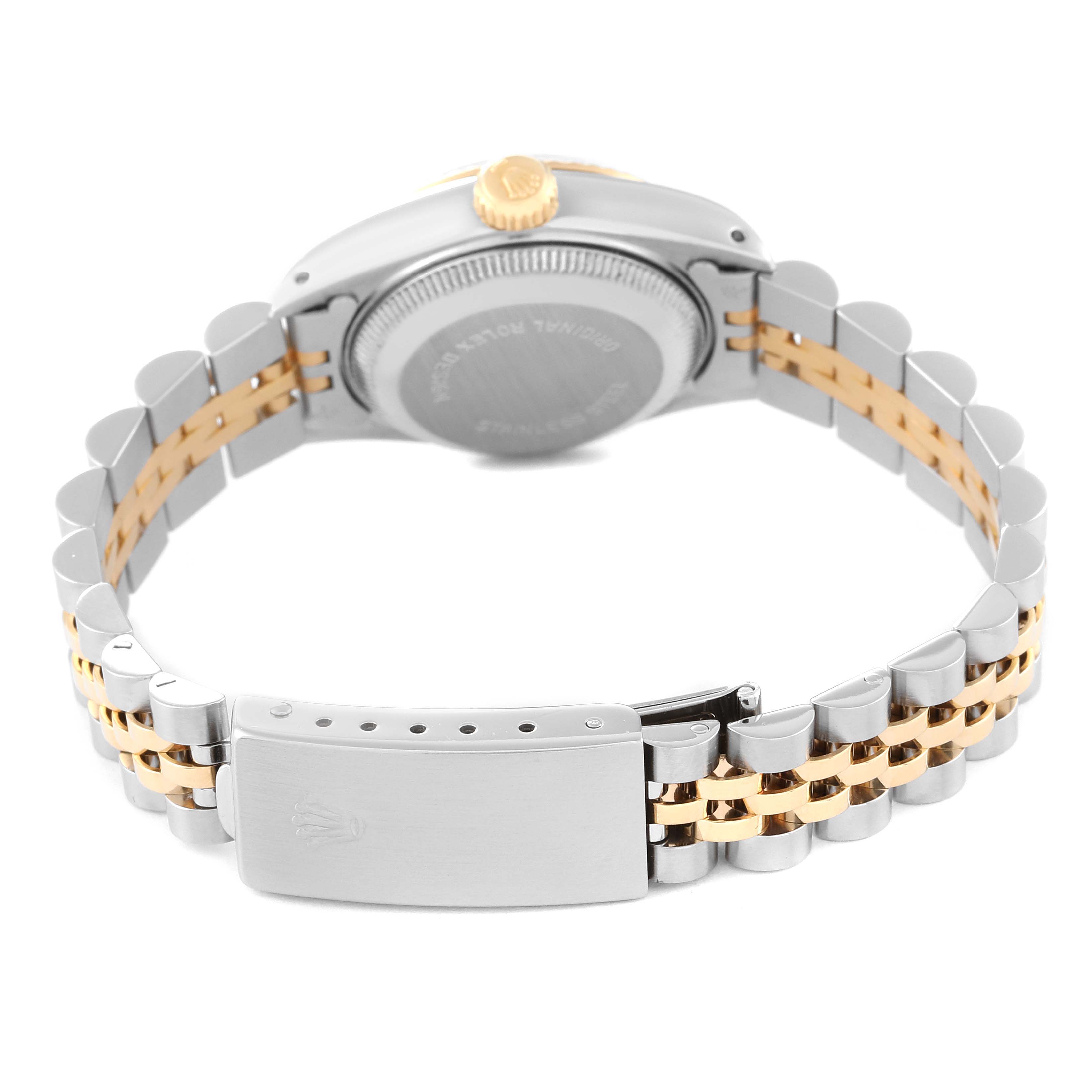 This image shows the back side of a Rolex Datejust 69173 Women's Steel and Gold (two tone) Champagne Dial 69173 Women's Steel and Gold (two tone) Champagne Dial watch, highlighting the bracelet, clasp, and case back.